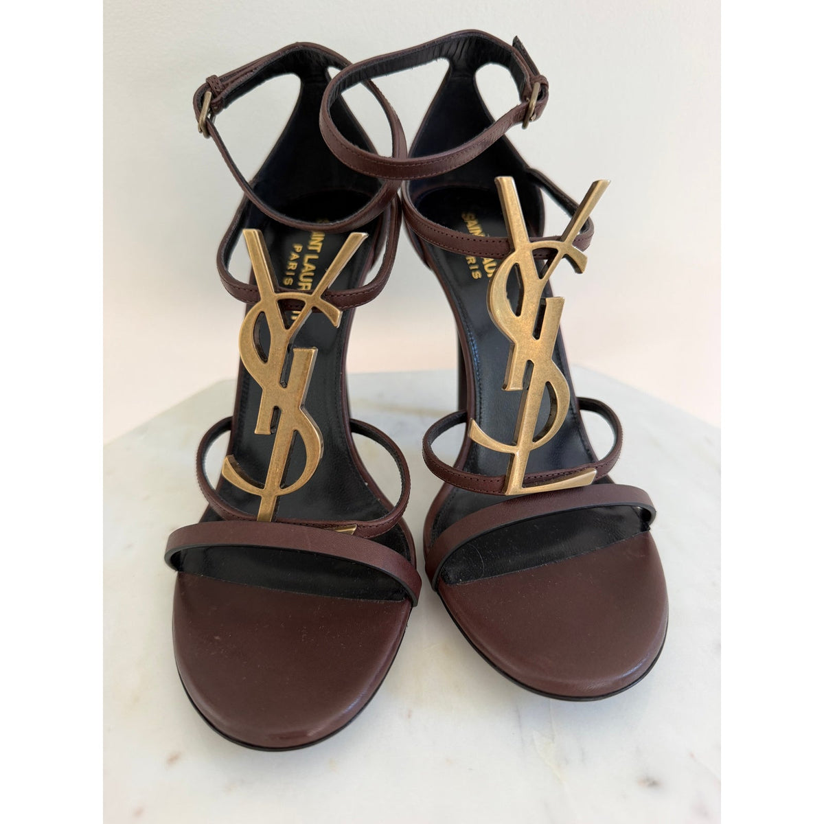 Saint Laurent Cassandra YSL Brown Leather Strappy Heeled Sandals Size 38.5 BNIB
