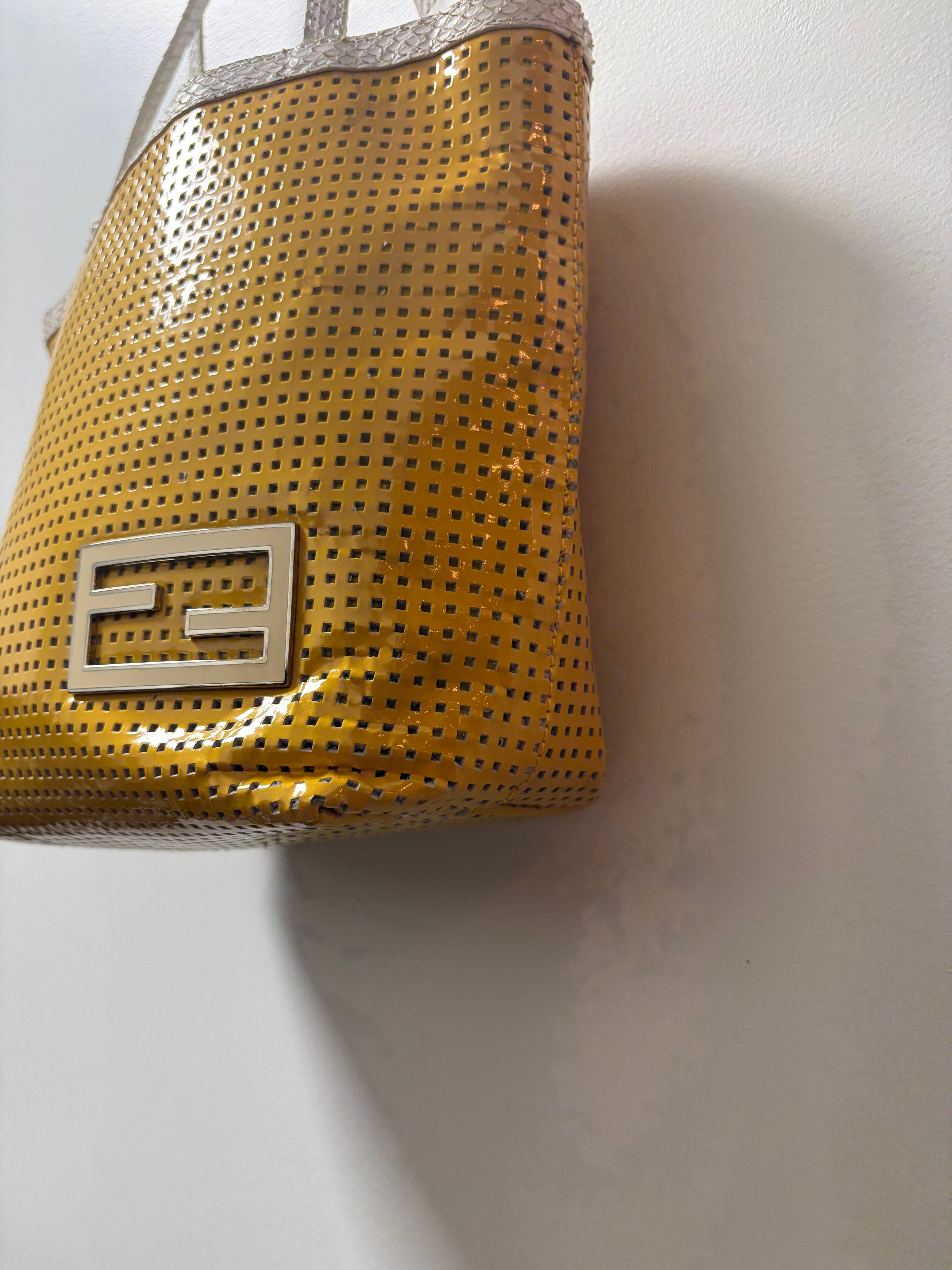 Fendi Yellow Perforated Metallic Leather Mini Tote Bag White Trim FF Logo