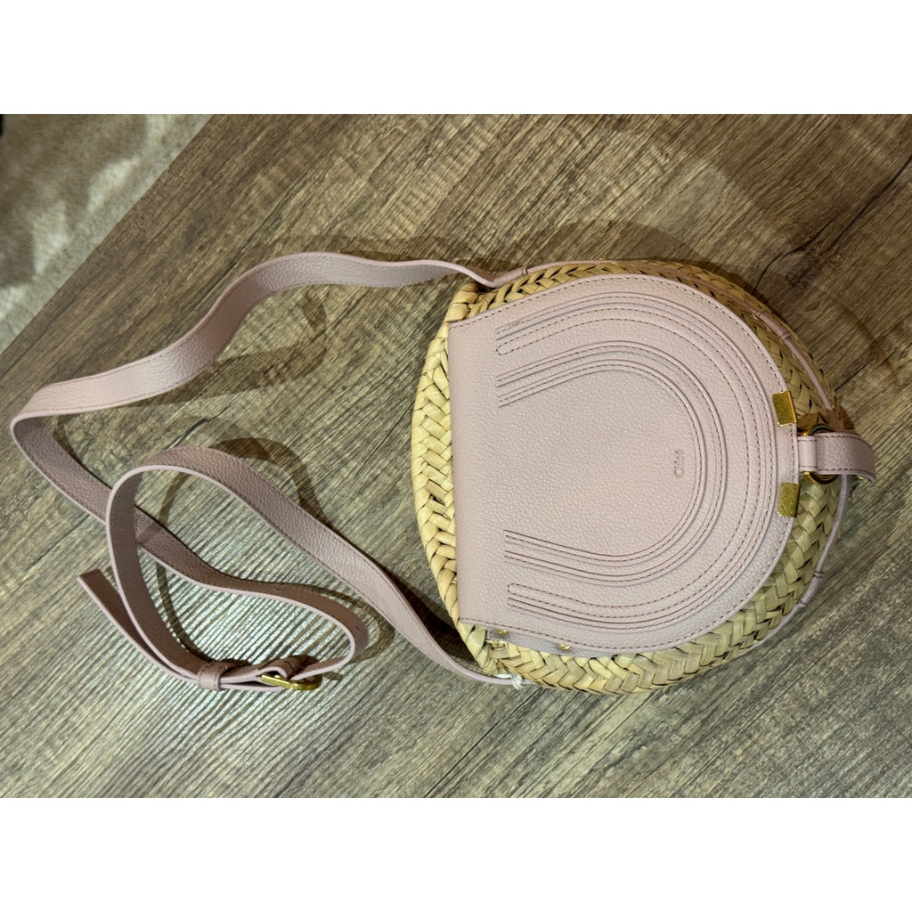 Chloé Marcie Pebbled Leather & Straw Crossbody Bag Pastel Pink Gold Hardware NWT