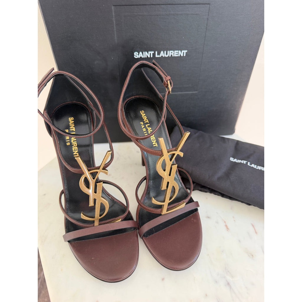 Saint Laurent Cassandra YSL Brown Leather Strappy Heeled Sandals Size 38.5 BNIB