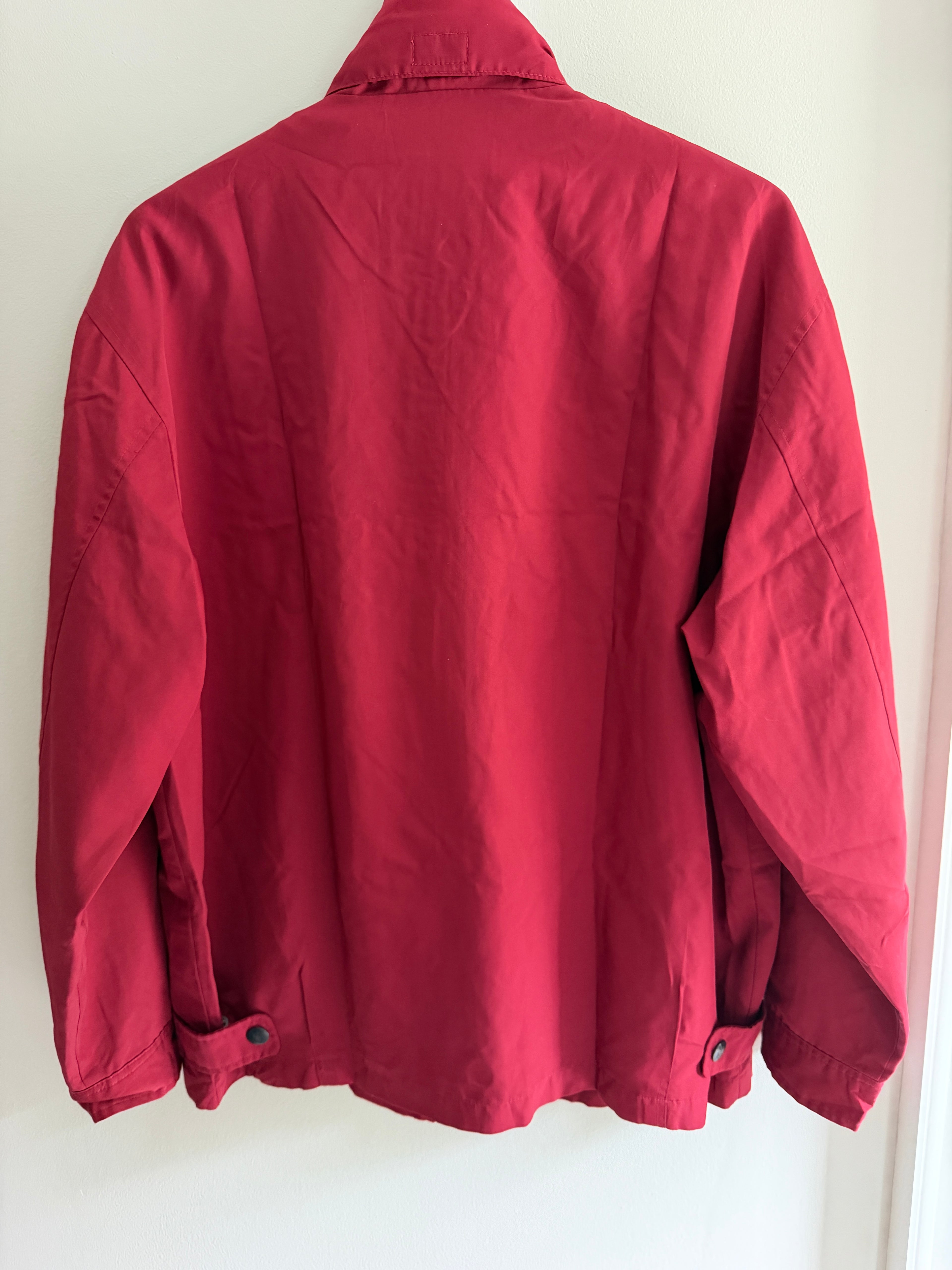Yves Saint Laurent Vintage 90s Red YSL Logo Windbreaker Jacket Navy Logo Hidden Hood Size 100 Oversized