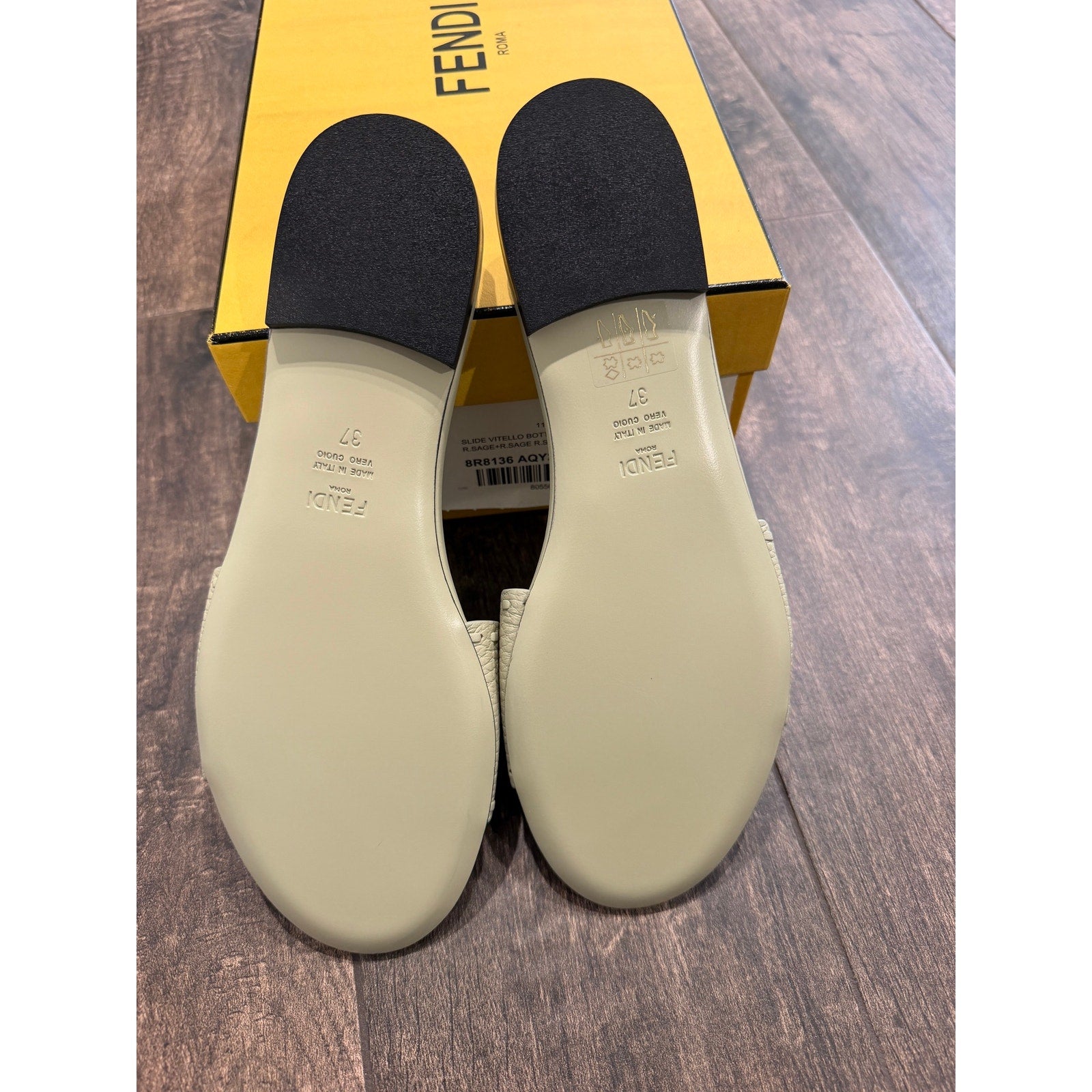 Fendi Women's FF Baguette Leather Selleria Slides BNIB Color is Sage Size 37