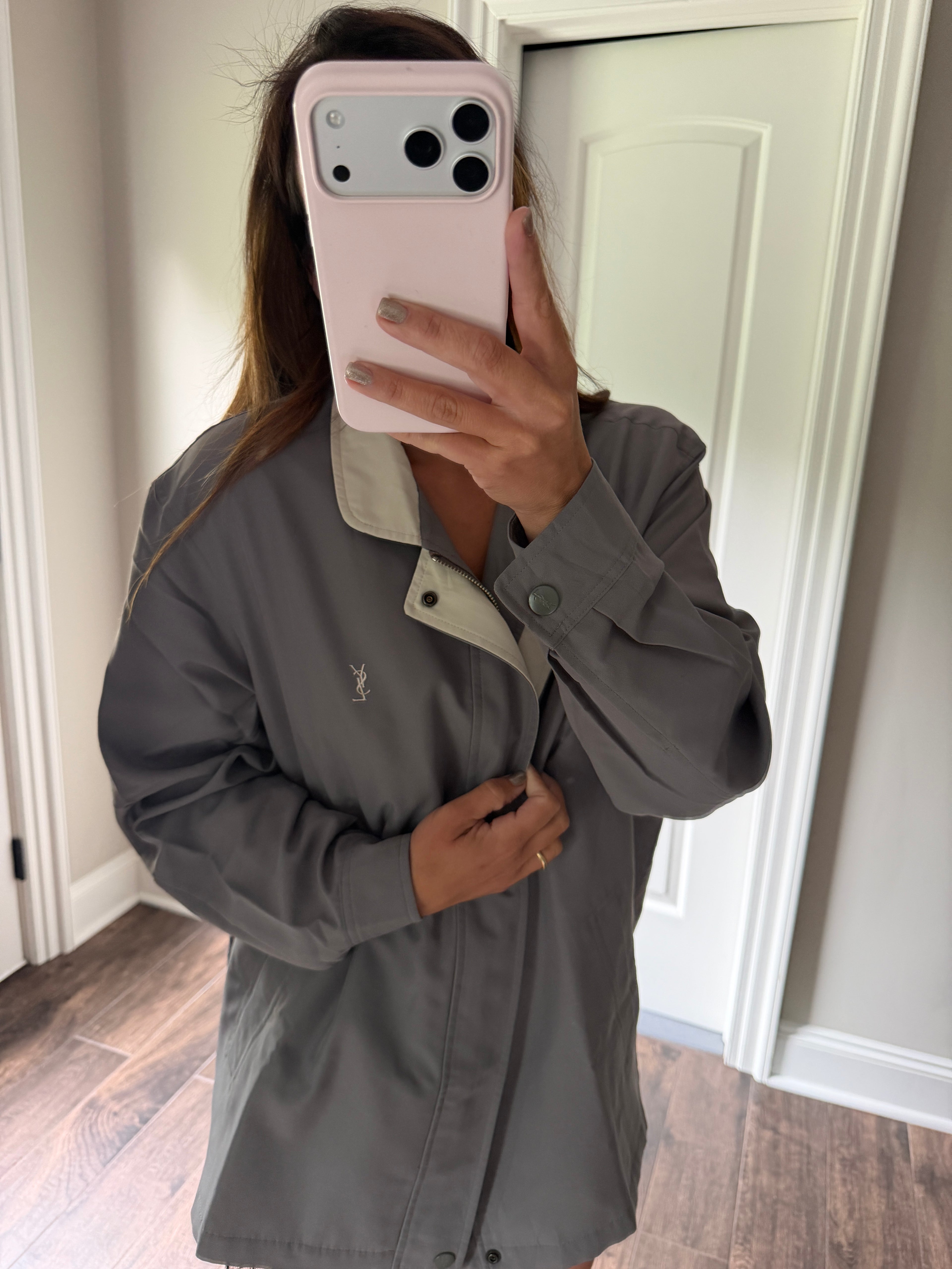 Yves Saint Laurent Vintage 90s Dark Khaki Green YSL Logo Windbreaker Jacket Ivory Collar Size 95 Oversized