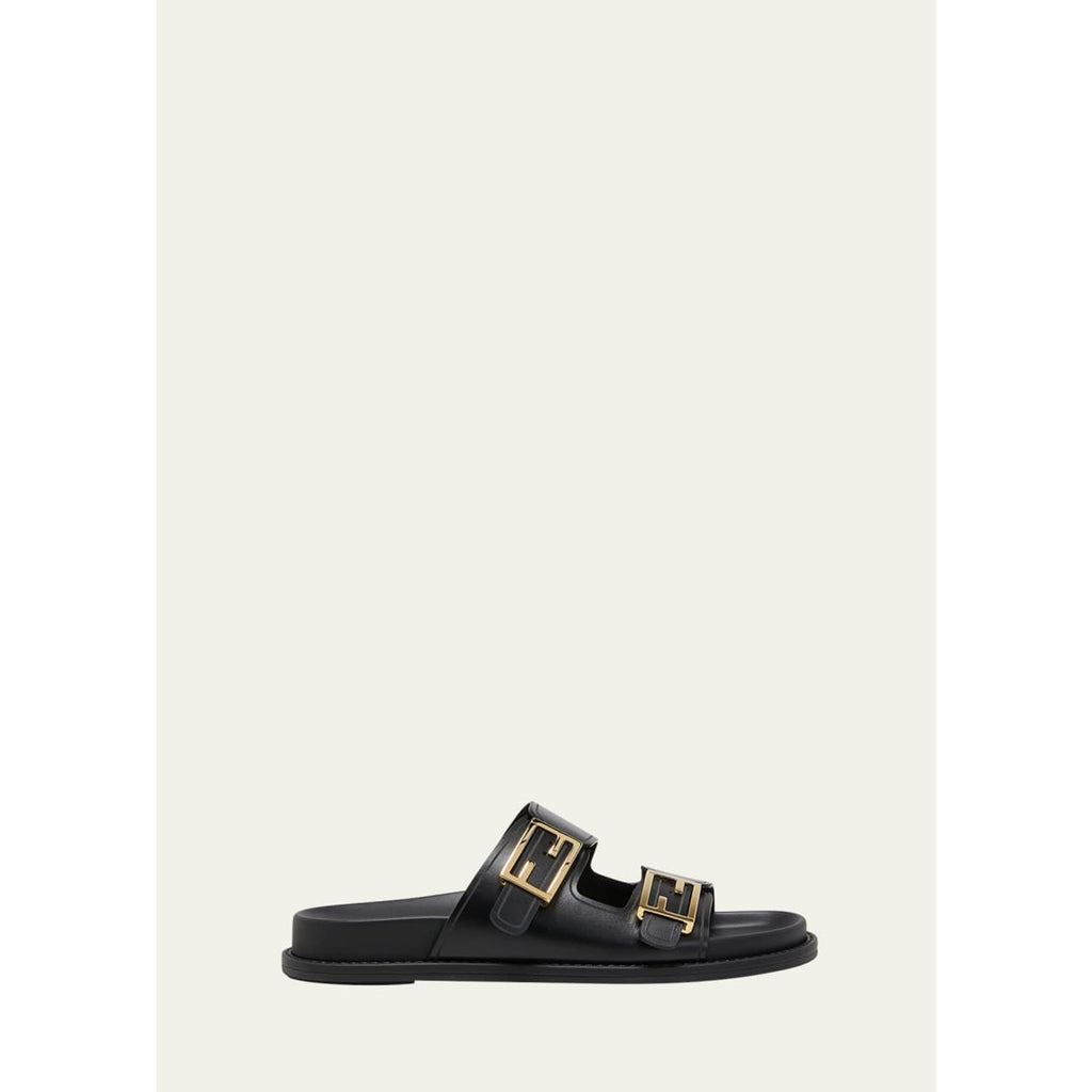 Fendi Feel Double Strap Buckle Black Leather Slides BNIB 37