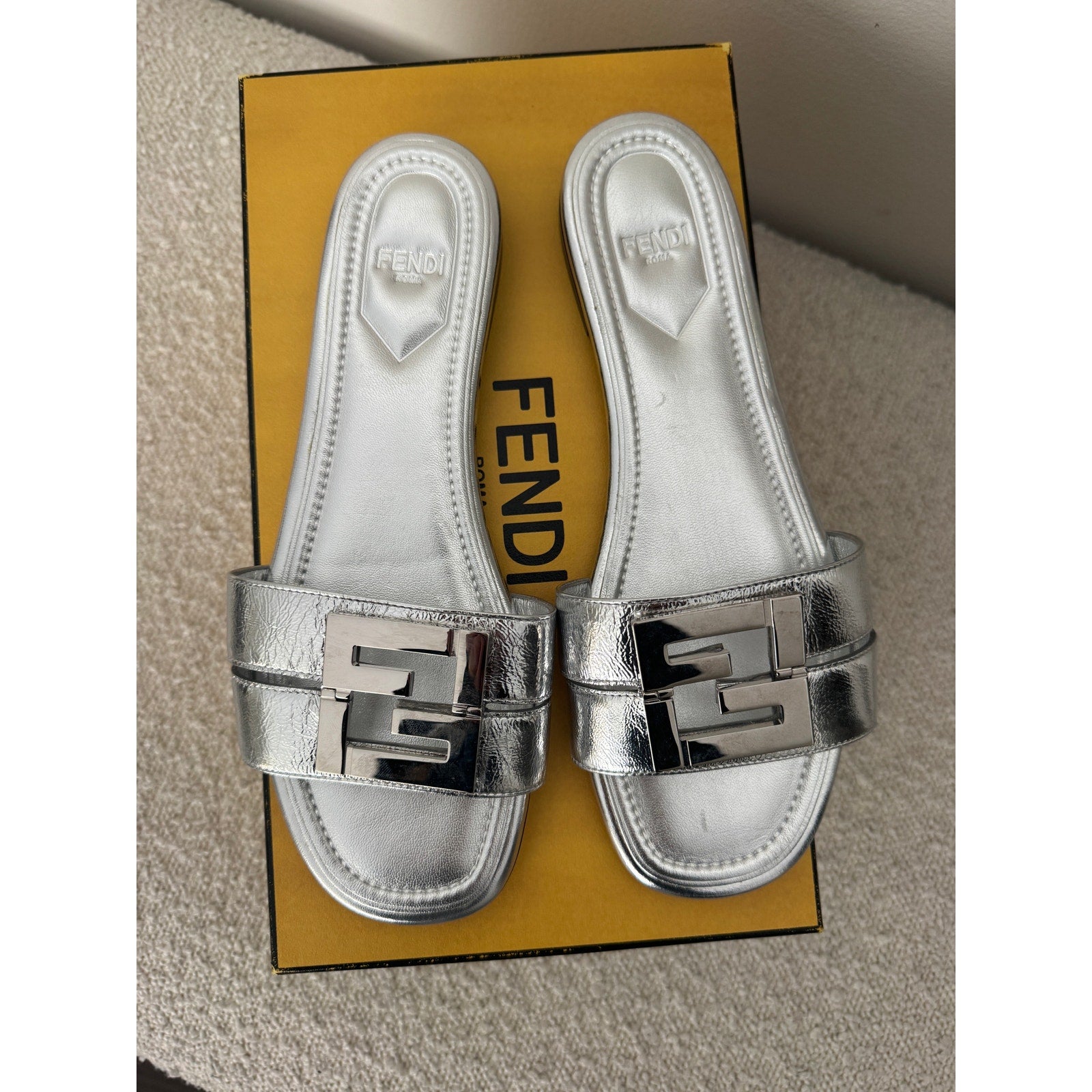 Fendi FFold Metallic Leather Sandals size 37.5 BNIB