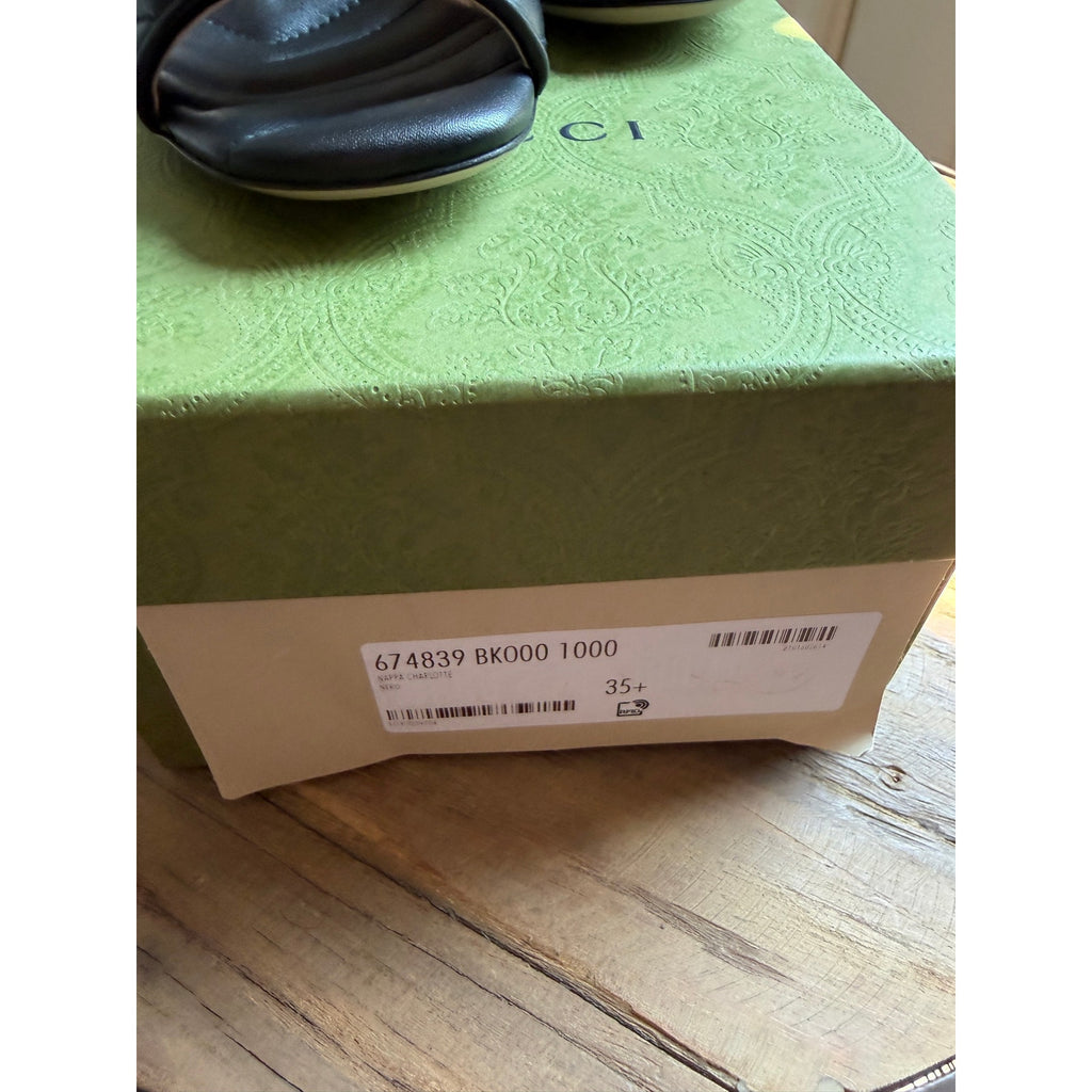 Gucci Double G Leather Sandals Black Gold GG Logo Heel Slides Size 35.5 BNIB