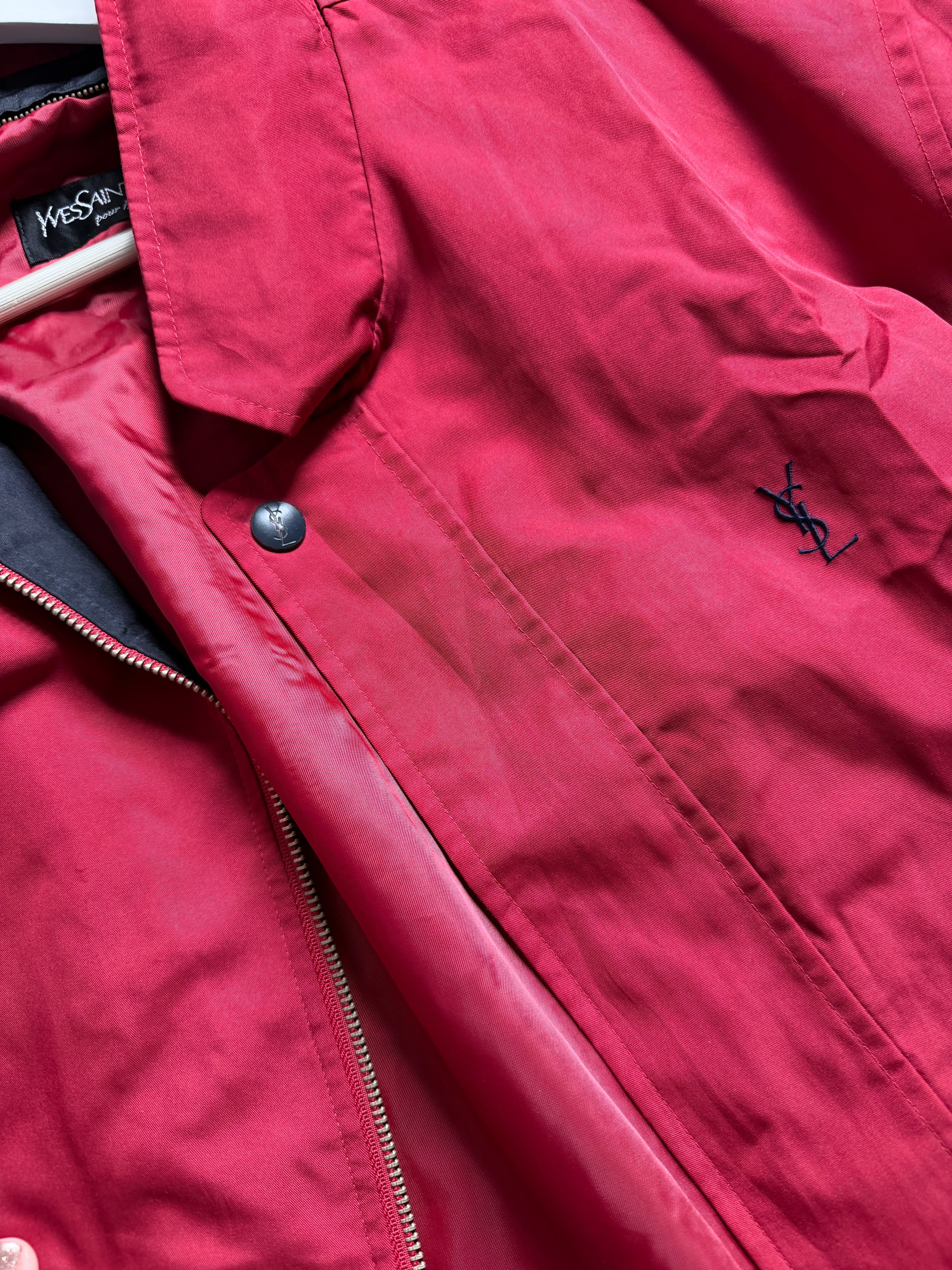 Yves Saint Laurent Vintage 90s Red YSL Logo Windbreaker Jacket Navy Logo Hidden Hood Size 100 Oversized