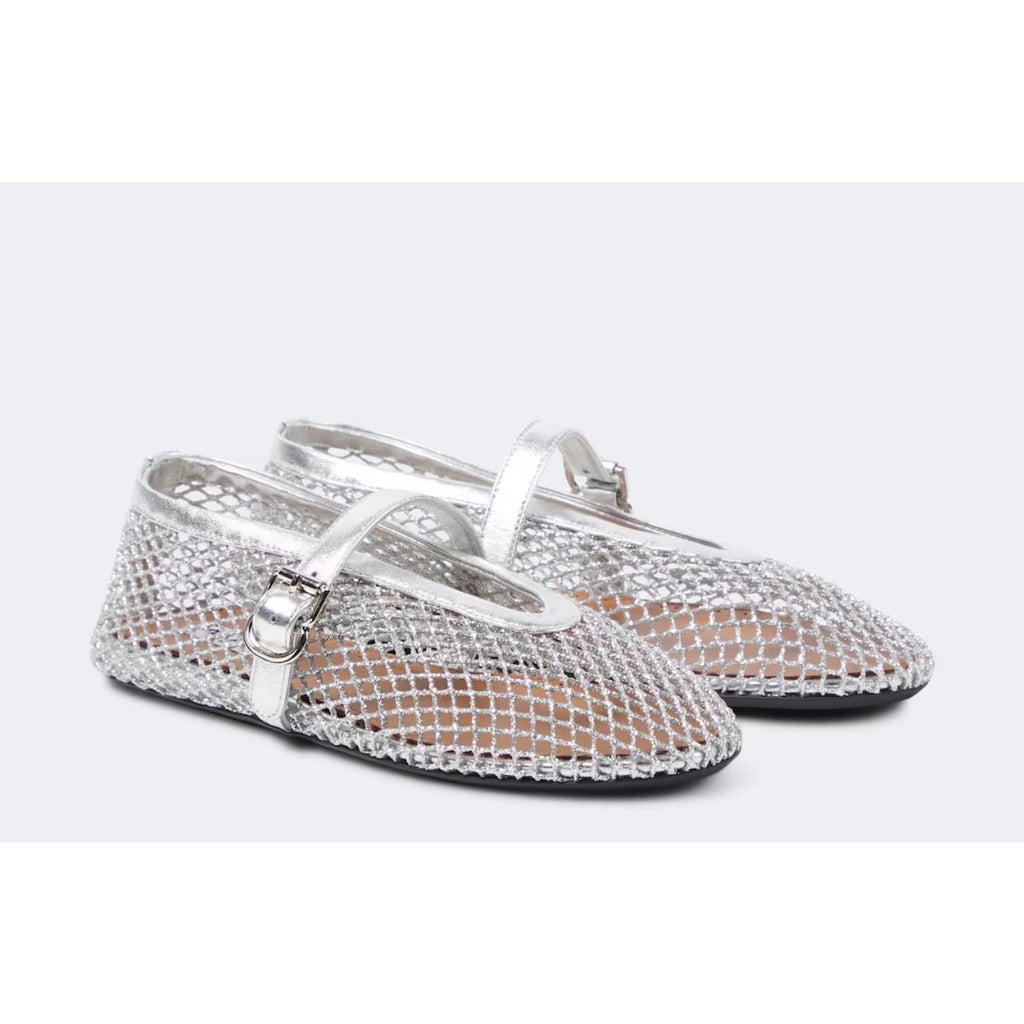 Alaia Metallic Fishnet Mary Jane Flats Silver Argent Size 37 Brand New in Box