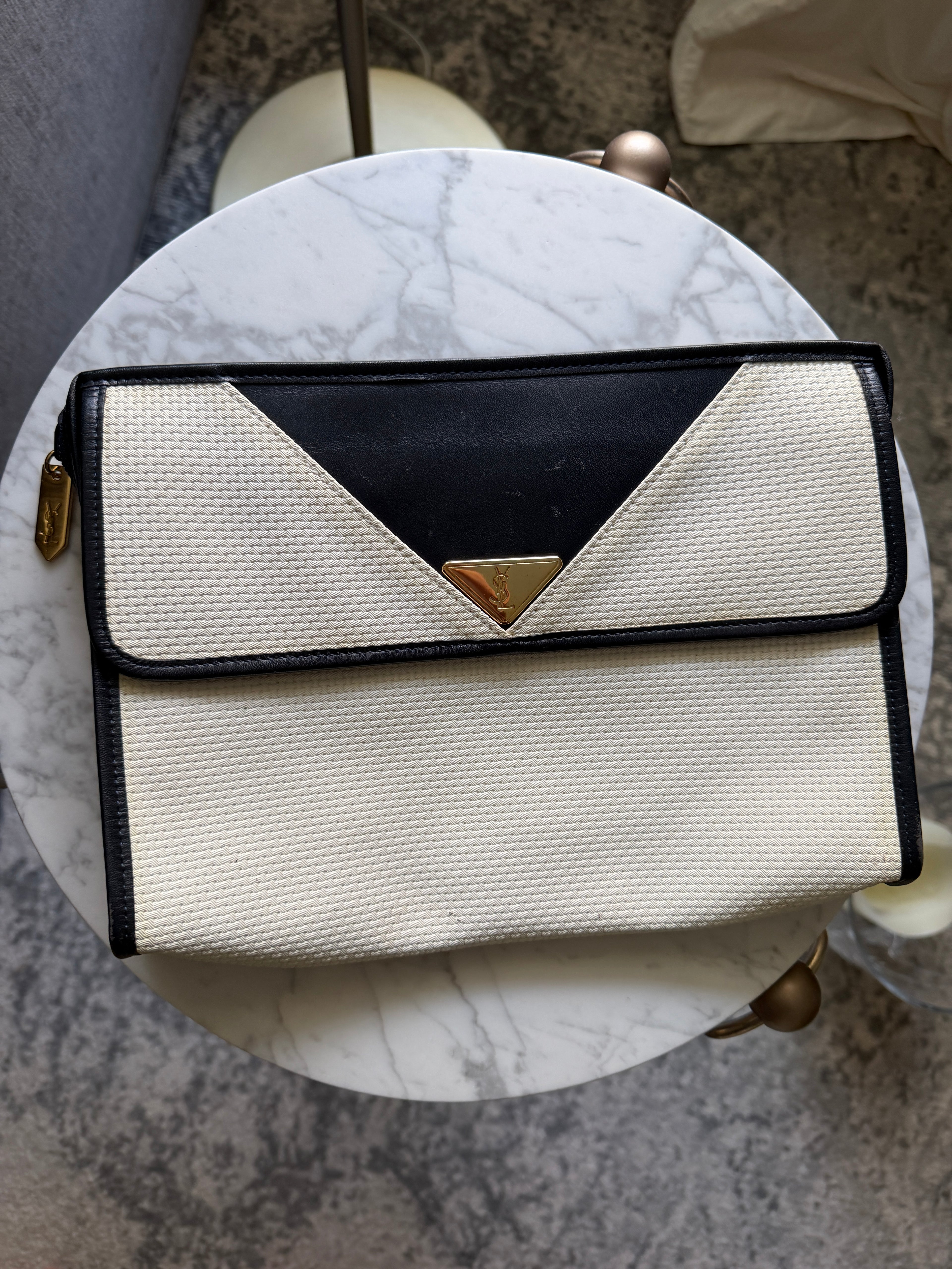 Yves Saint Laurent White & Navy YSL Logo PVC Clutch Bag