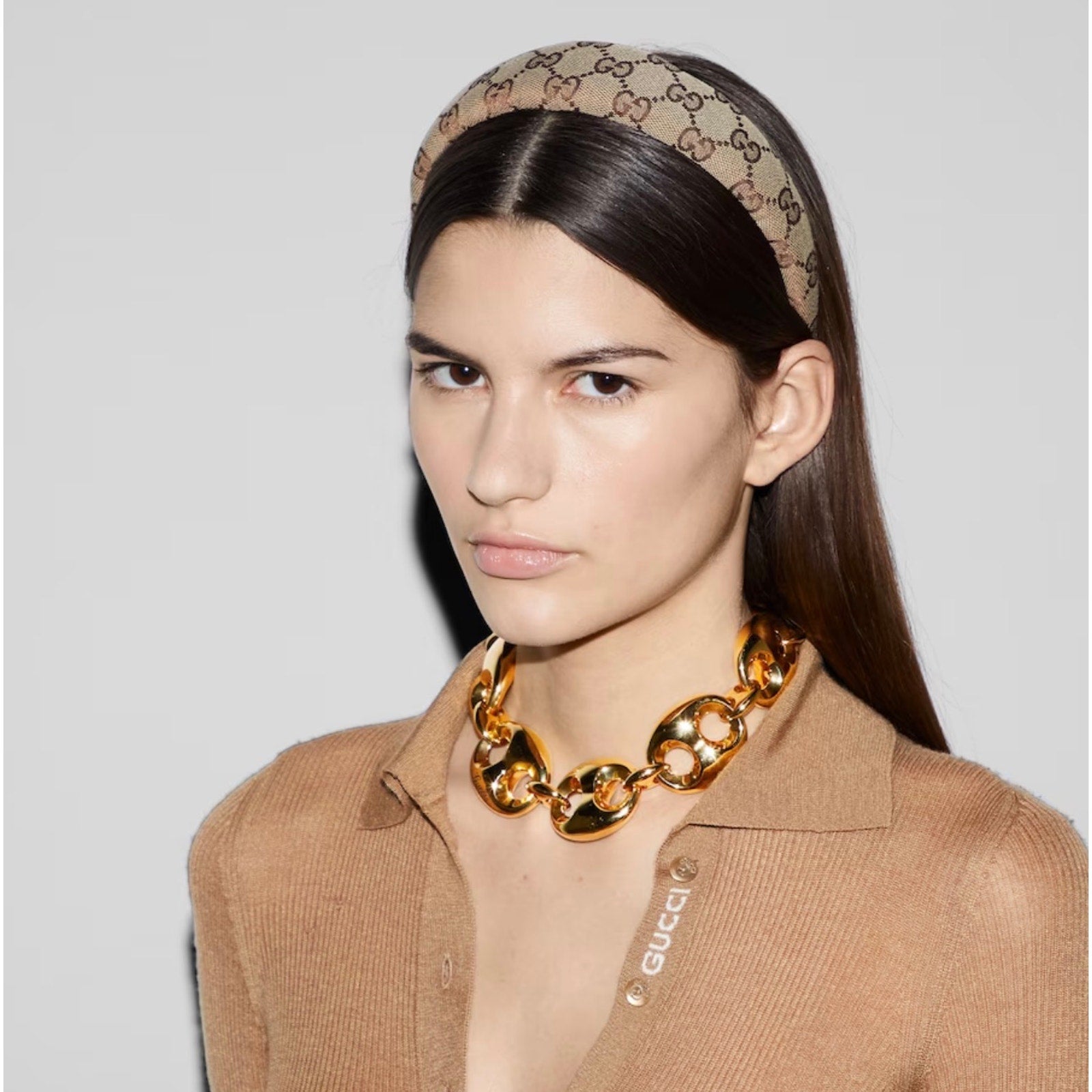 Gucci GG Canvas Padded Hair Band Beige Ebony Brown Classic Design NWT