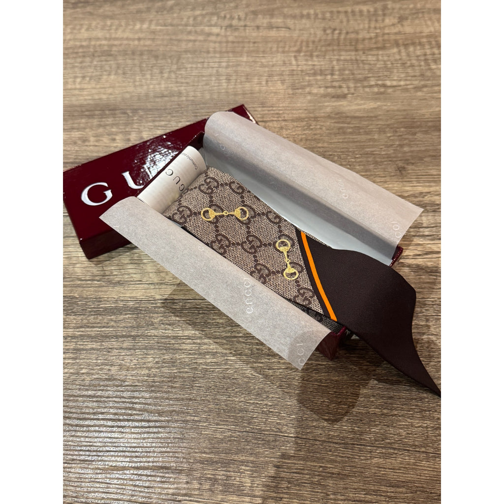Gucci GG Printed Silk Neck Bow Scarf Beige Brown — Brand New in Box