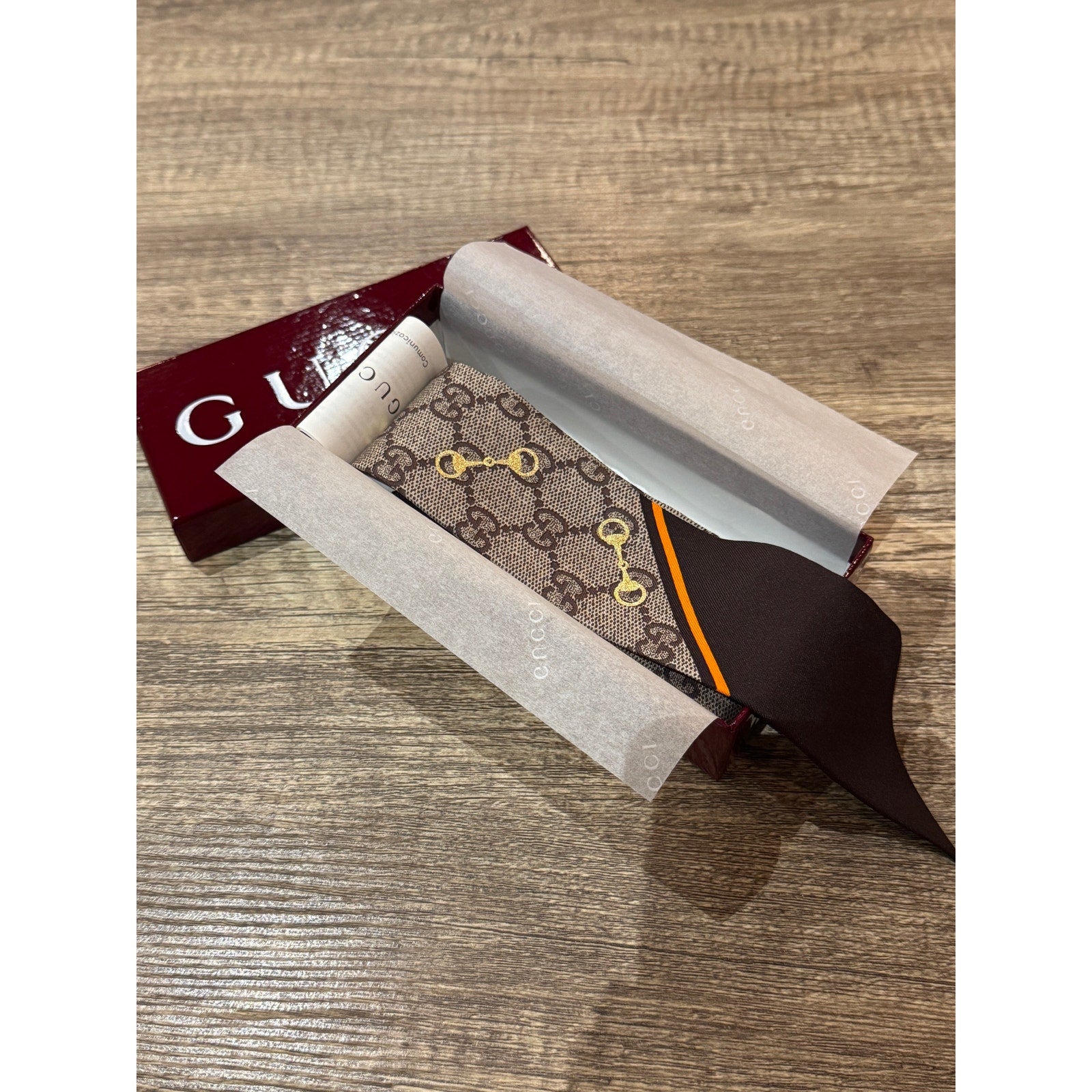 Gucci GG Printed Silk Neck Bow Scarf Beige Brown — Brand New in Box
