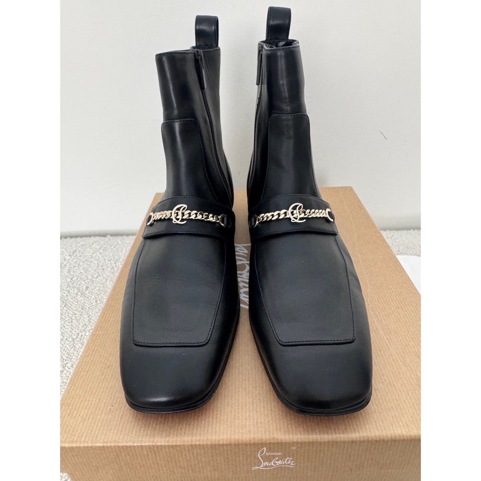 CHRISTIAN LOUBOUTIN 
Chain Detail Apron Toe Bootie 40 BNIB