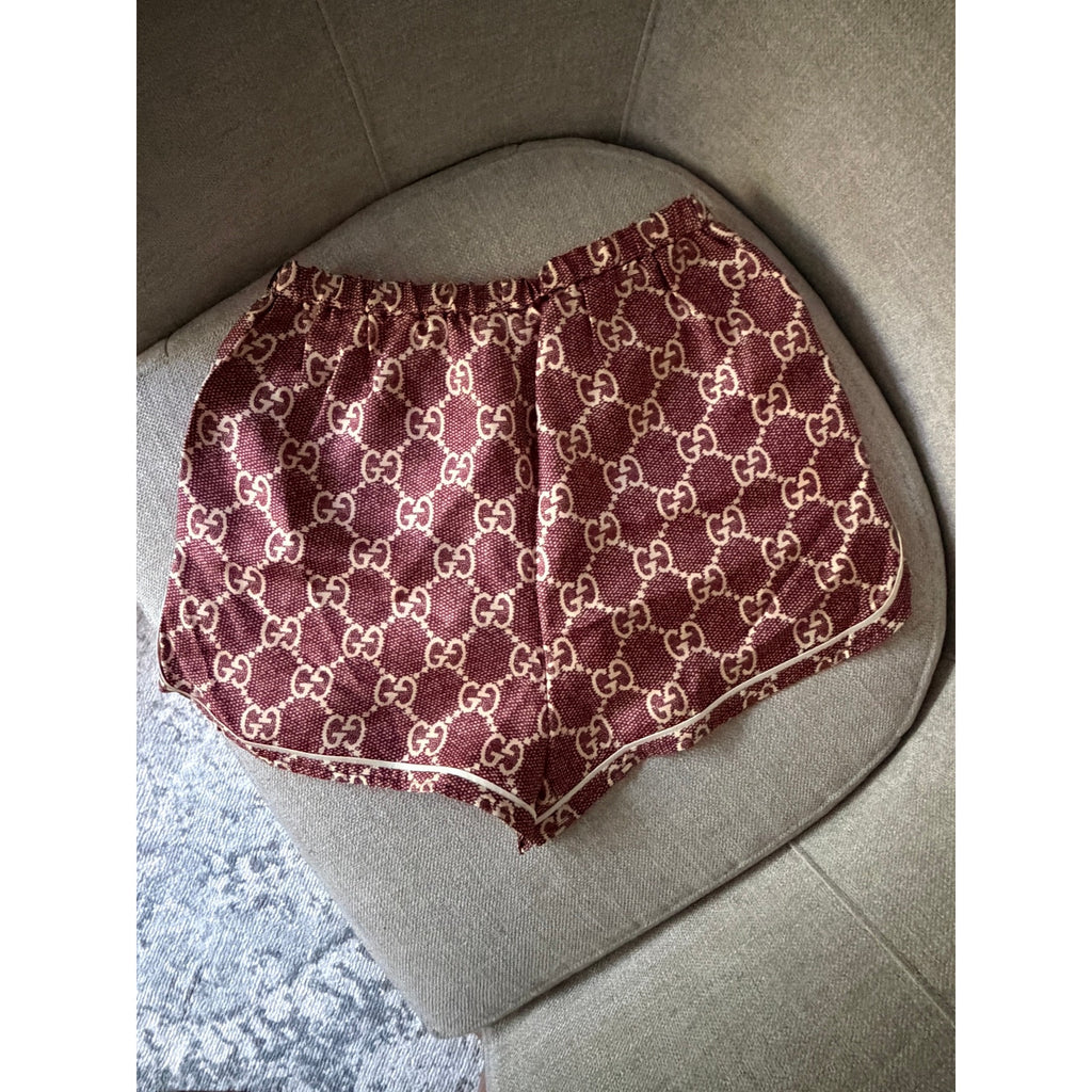 Gucci GG Logo Print Silk Twill Track Shorts Burgundy Cream Size XS NWT $1,400