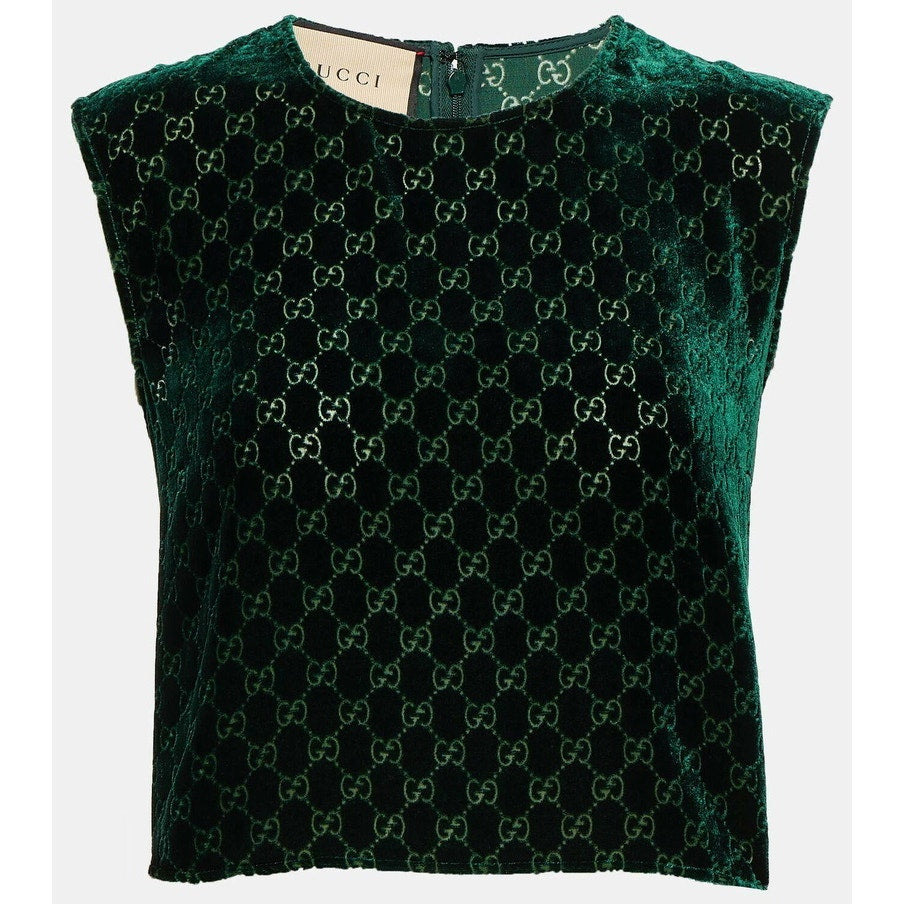 Gucci GG Velvet Devoré Crop Top Dark Green Size 36 NWT $1,100