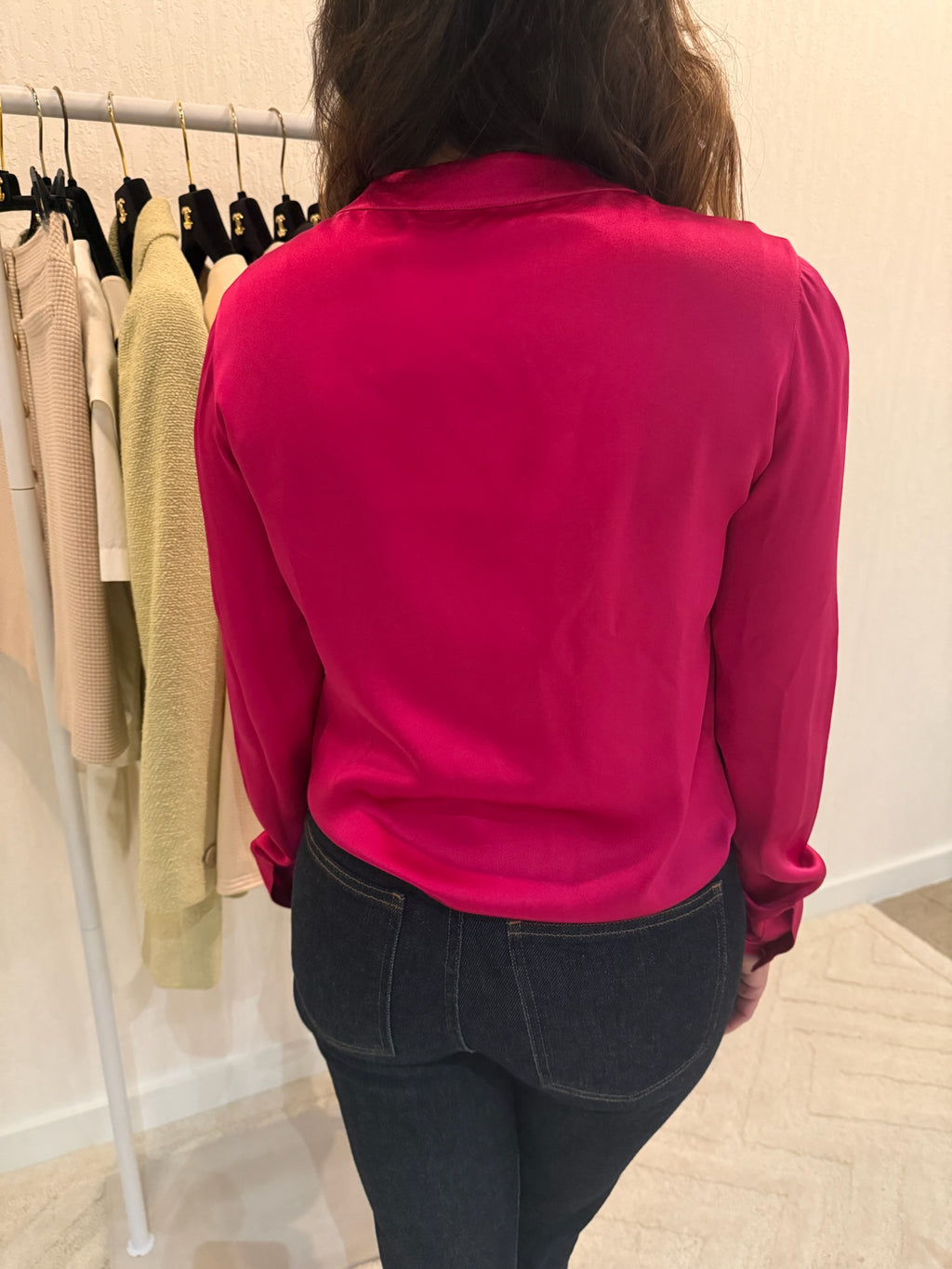 Chanel 1991 Pink Silk Button-Up Blouse Gold CC Logo Buttons FR36