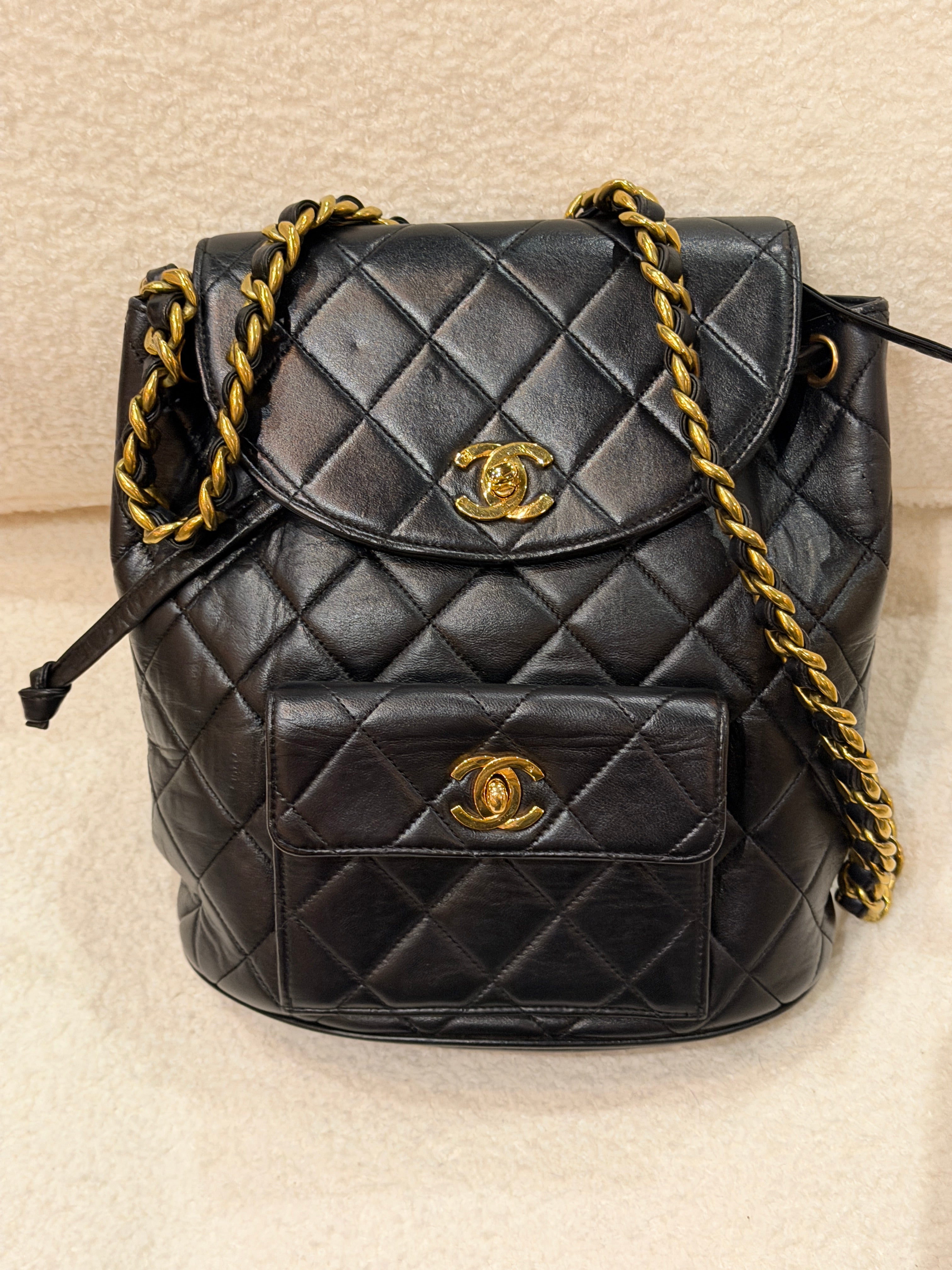 CHANEL Vintage Black Lambskin Quilted Drawstring Backpack 24K Gold Plated Hardware