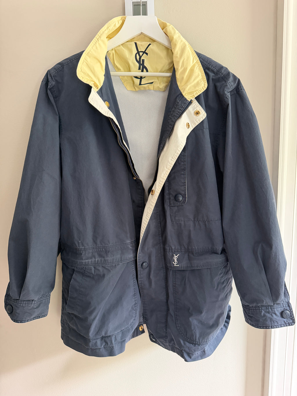 Yves Saint Laurent Vintage 90s Chino Blue YSL Logo Utility Windbreaker Jacket Gold Hardware Size 100 Oversized