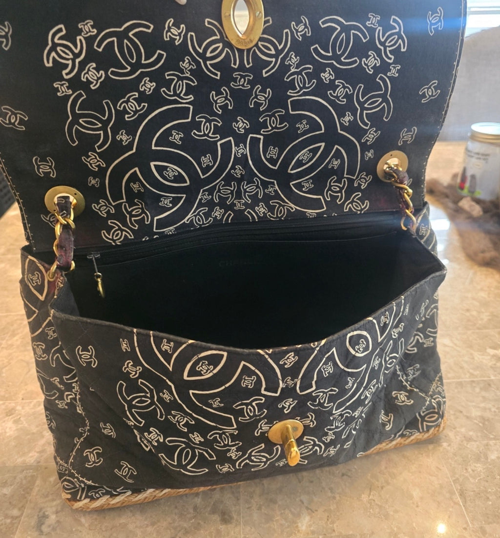 CHANEL 1990s Vintage Bandana Jumbo Flap Bag Black CC Logo 24K Gold Chain Rare