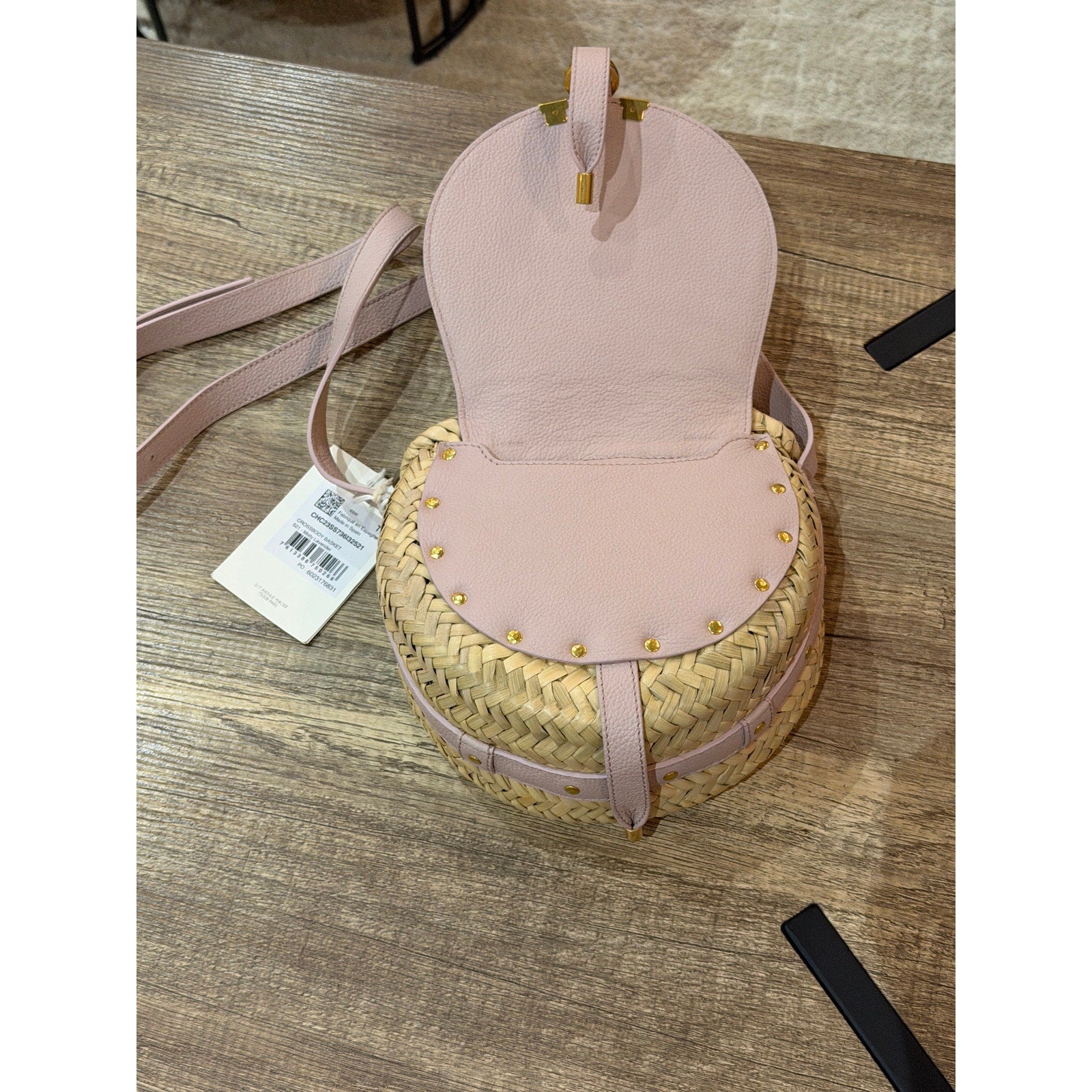 Chloé Marcie Pebbled Leather & Straw Crossbody Bag Pastel Pink Gold Hardware NWT