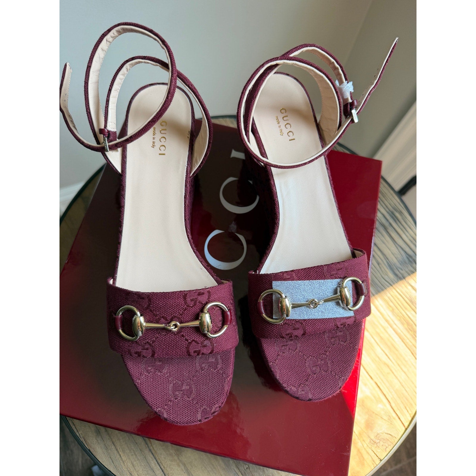 Gucci Lady Horsebit Burgundy GG Canvas Platform Wedge Sandals Size 39