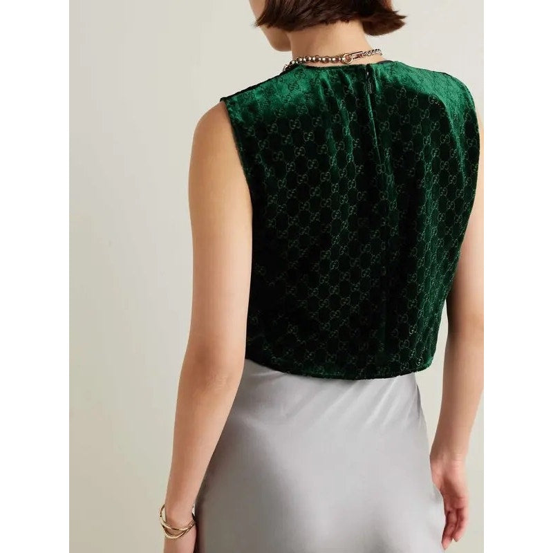 Gucci GG Velvet Devoré Crop Top Dark Green Size 36 NWT $1,100