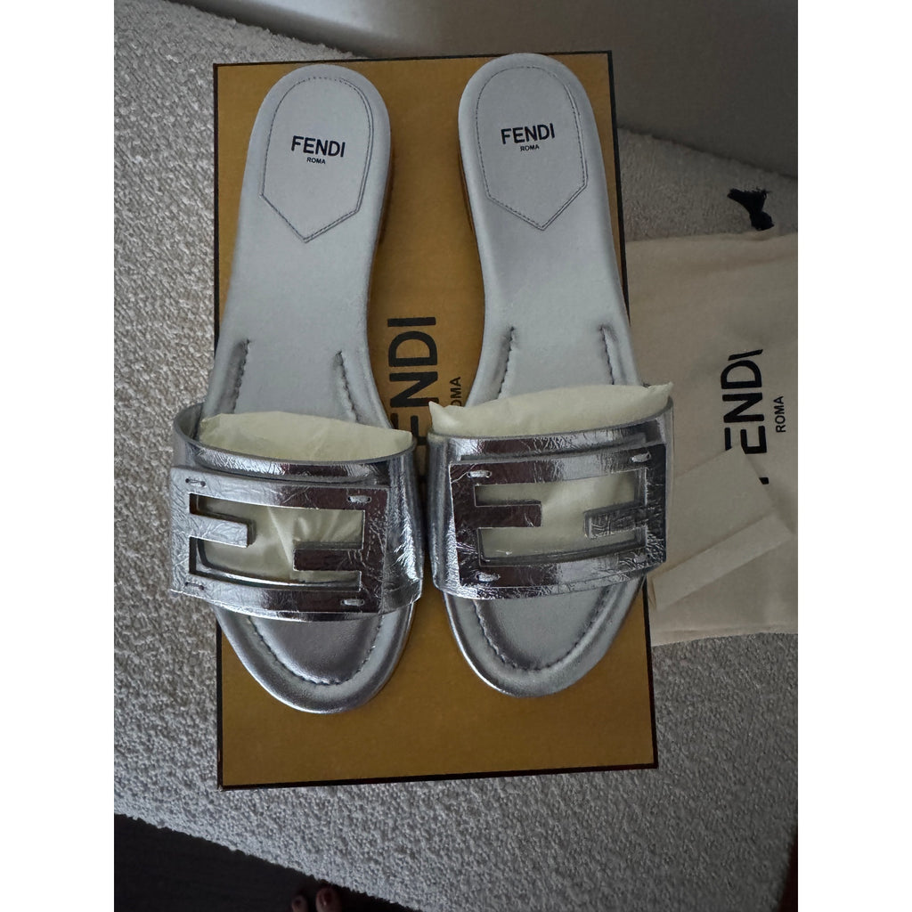 FENDI Silver Baguette nappa leather slides BNIB Size 39