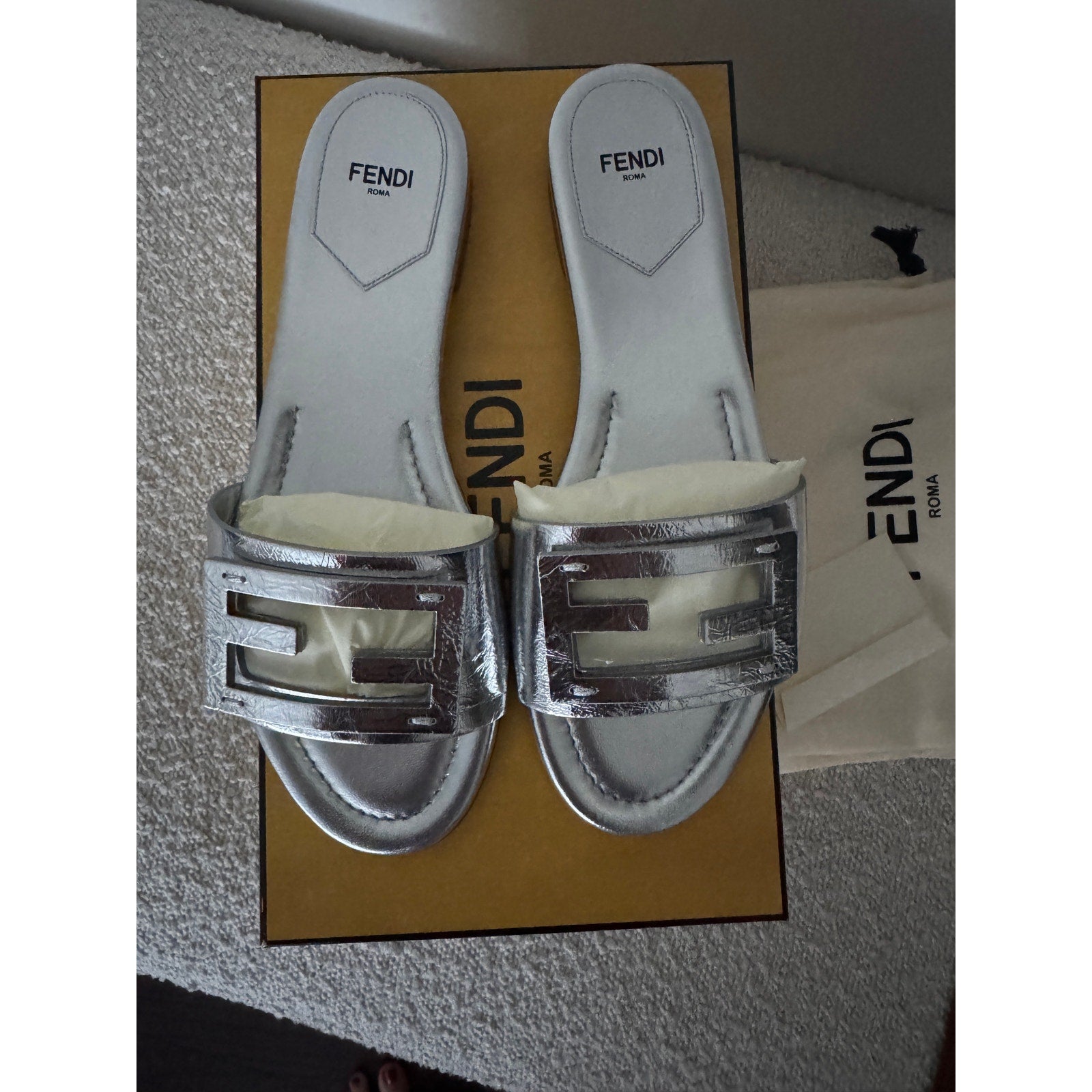 FENDI Silver Baguette nappa leather slides BNIB Size 39