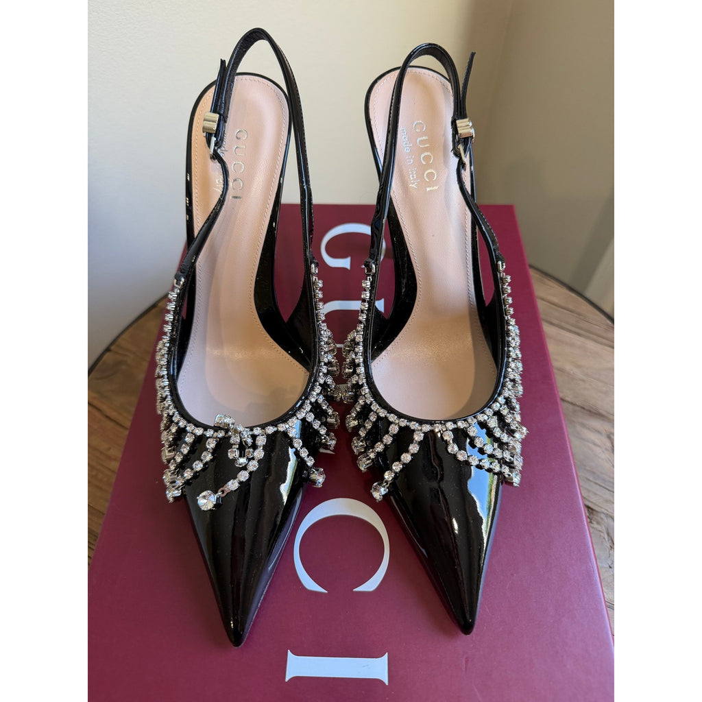 Gucci Guinevere Crystal Leather Slingback Stiletto Pumps NWT 37.5