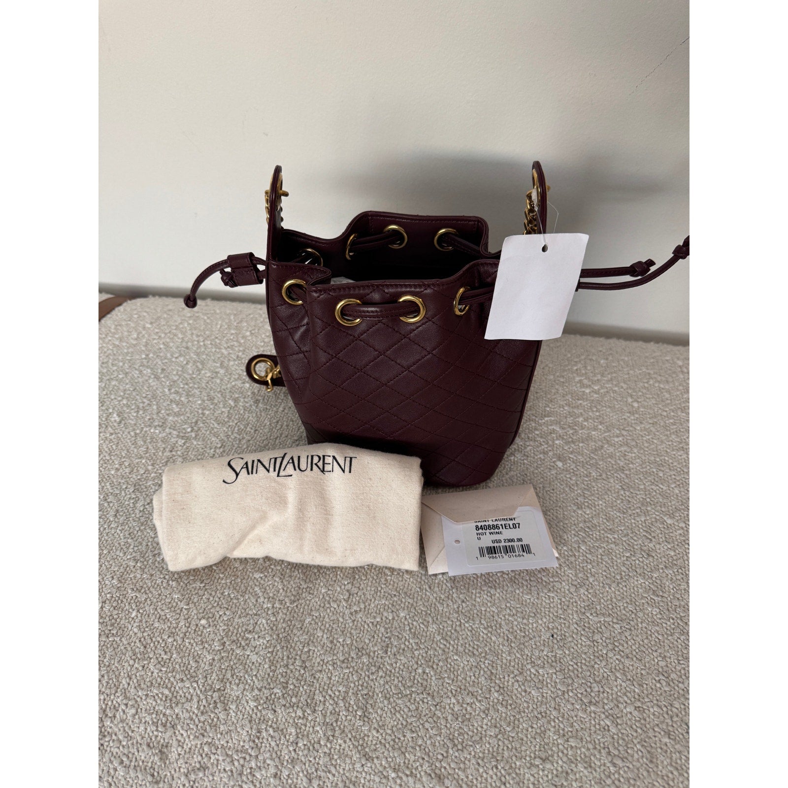 SAINT LAURENT Small Cassandre Quilted Bucket Bag NWT Hot Wine