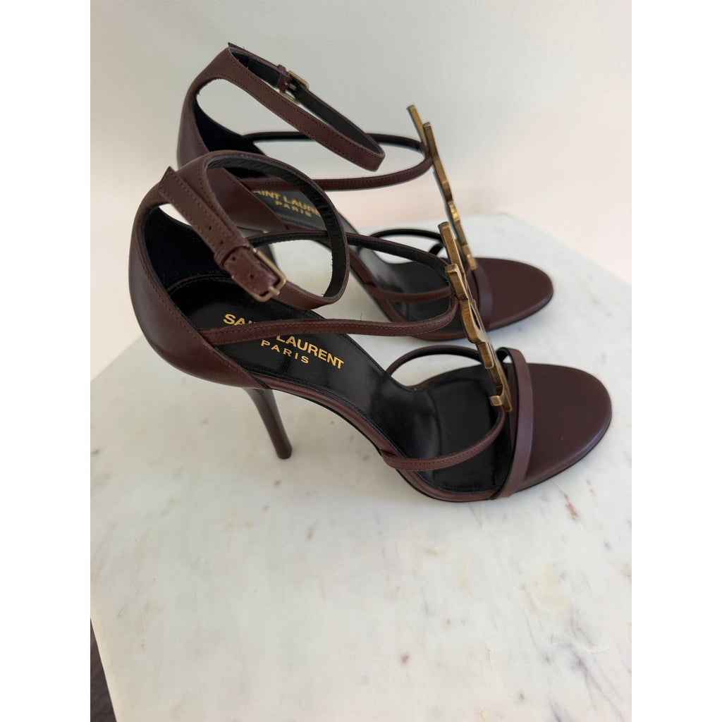 Saint Laurent Cassandra YSL Brown Leather Strappy Heeled Sandals Size 38.5 BNIB