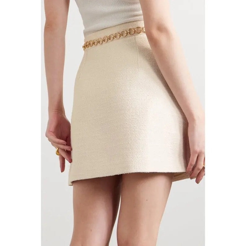 Gucci Chain Embellished Bouclé Mini Skirt White IT 36 NWT