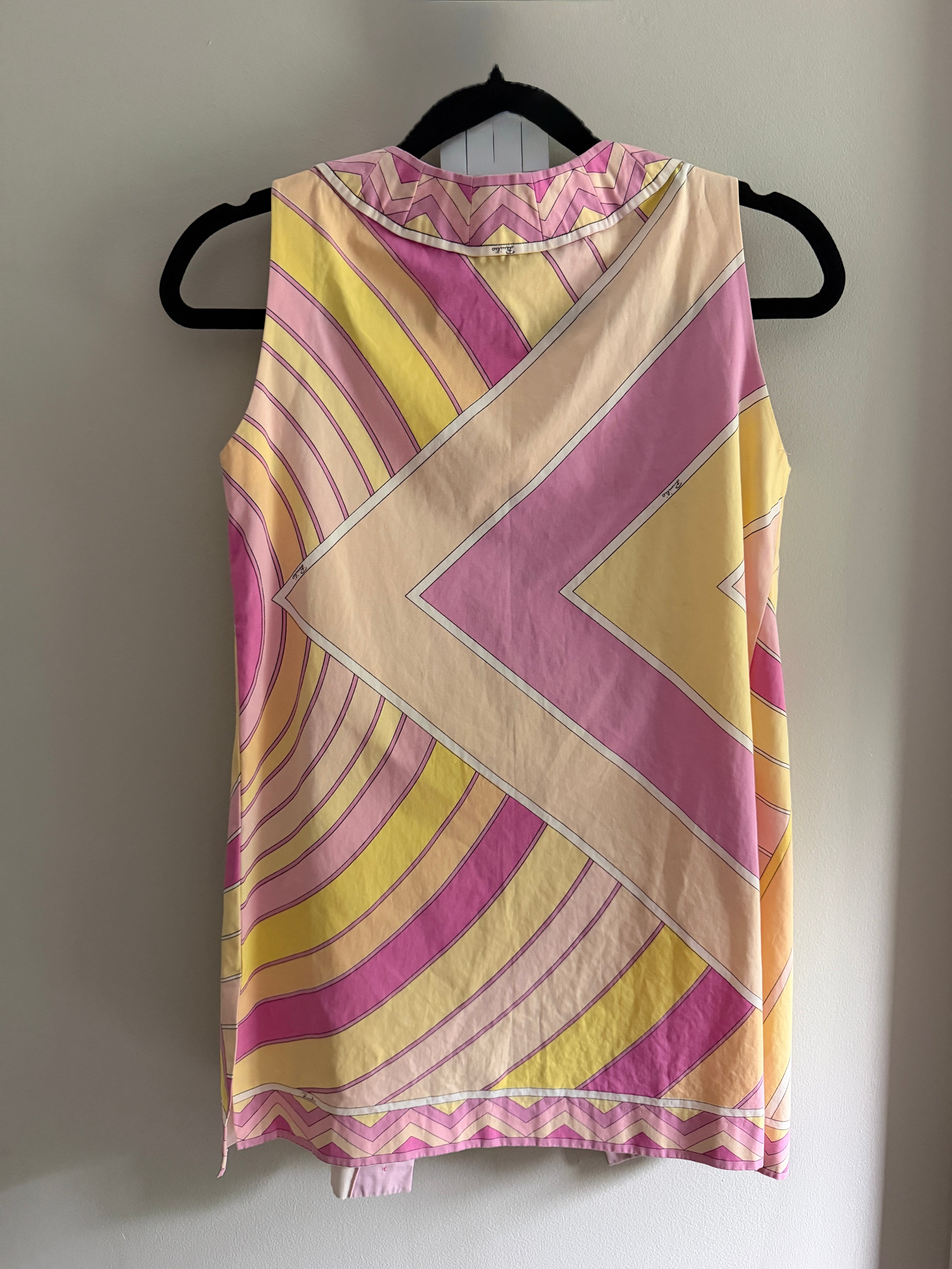 Emilio Pucci Cotton Poplin Sleeveless Tunic Top Pink Yellow Geometric Print Saks Fifth Avenue
