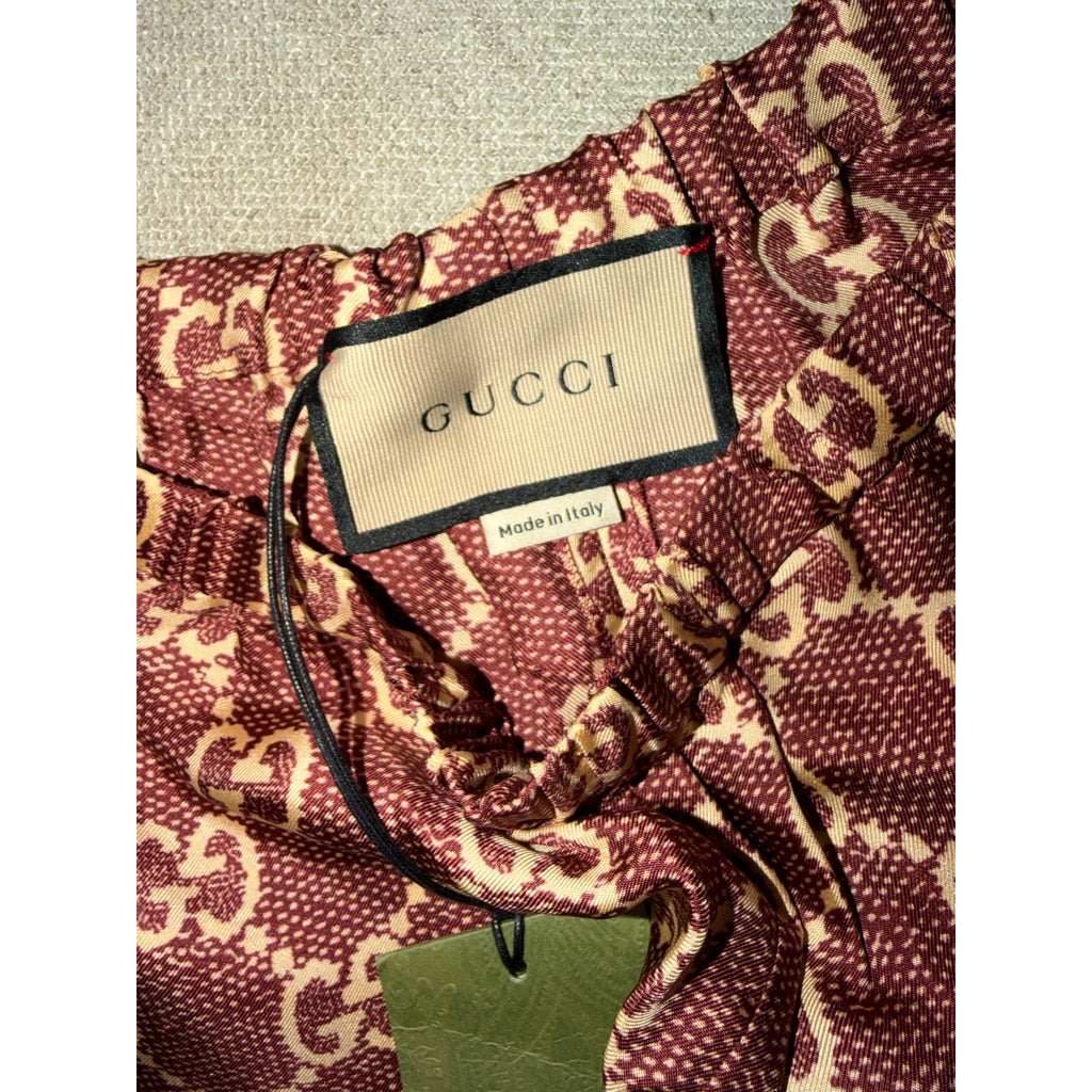 Gucci GG Logo Print Silk Twill Track Shorts Burgundy Cream Size XS NWT $1,400