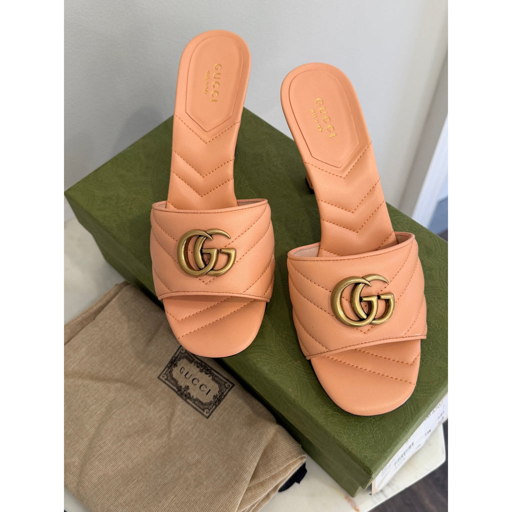 Gucci GG Marmont Matelassé Pink Leather Mule Sandals Size 38.5 New in Box