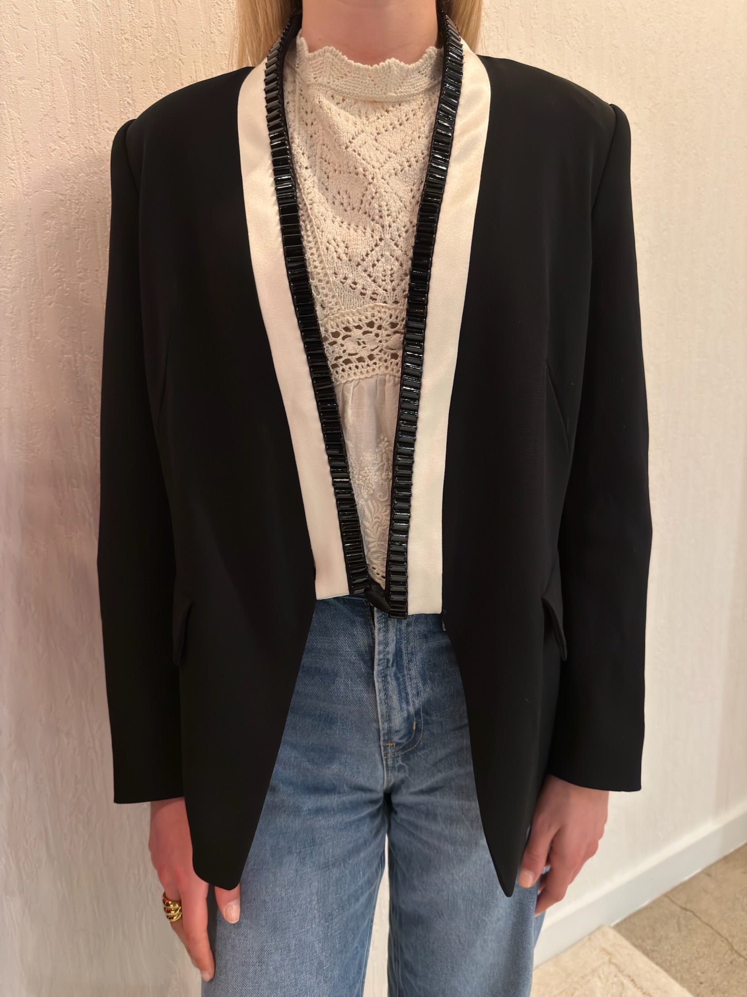 Escada Black & White Beaded Tuxedo Blazer Jacket DE 36
