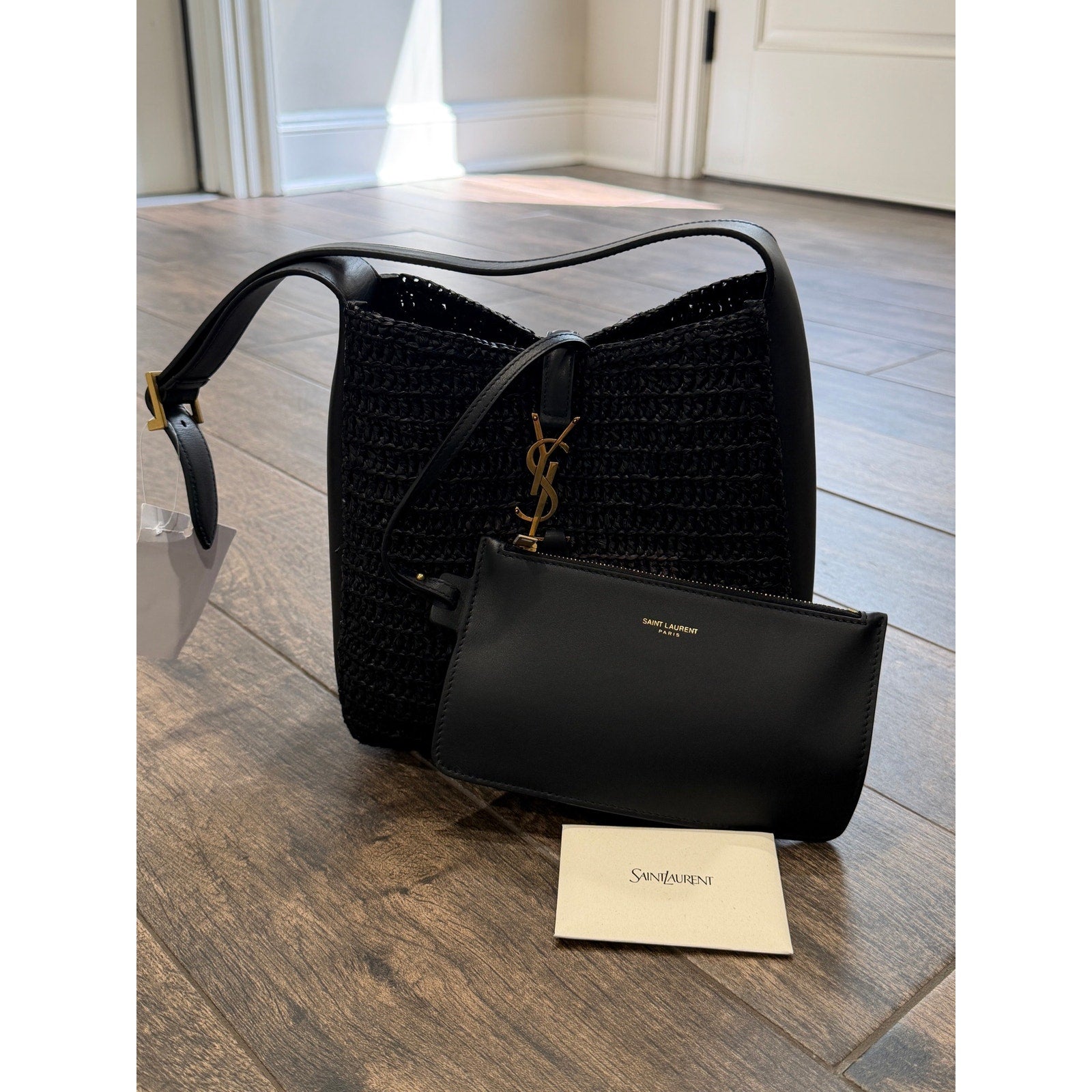 Saint Laurent Small Le 5 A 7 Hobo Crochet Leather Bag Black NWT