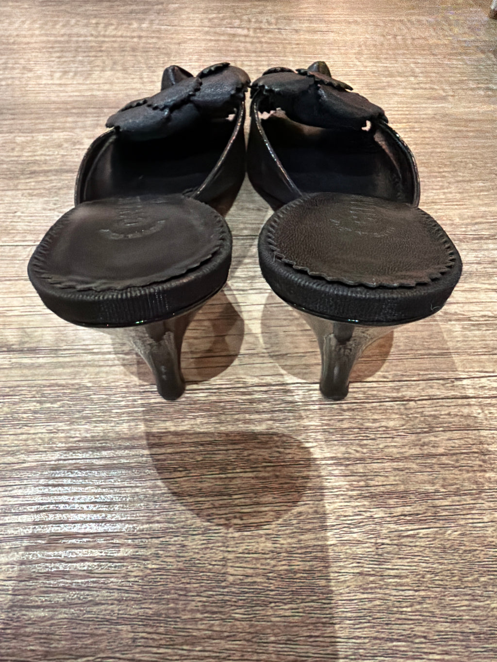 CHANEL Lambskin Mesh Camellia Mules