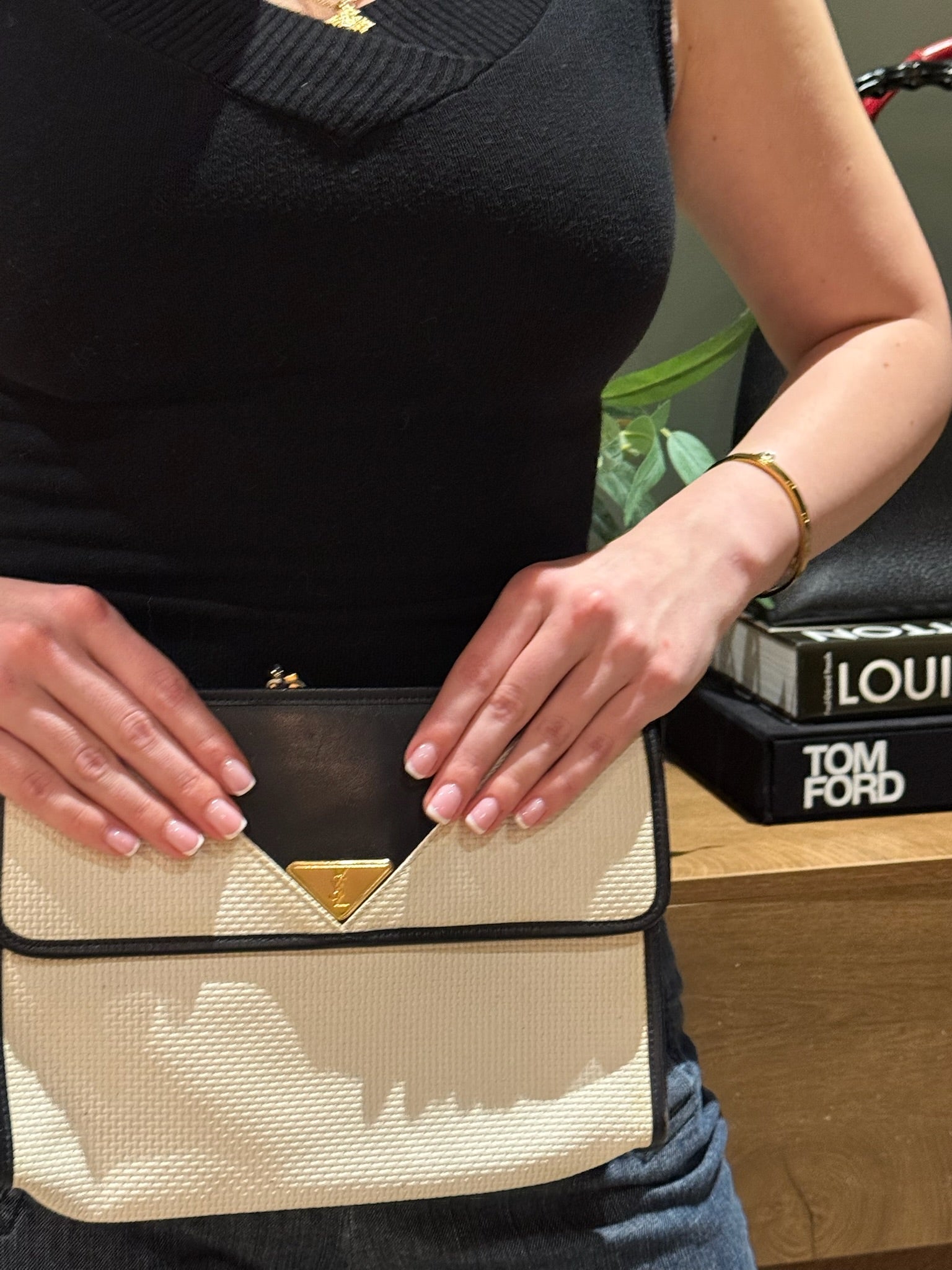 Yves Saint Laurent White & Navy YSL Logo PVC Clutch Bag