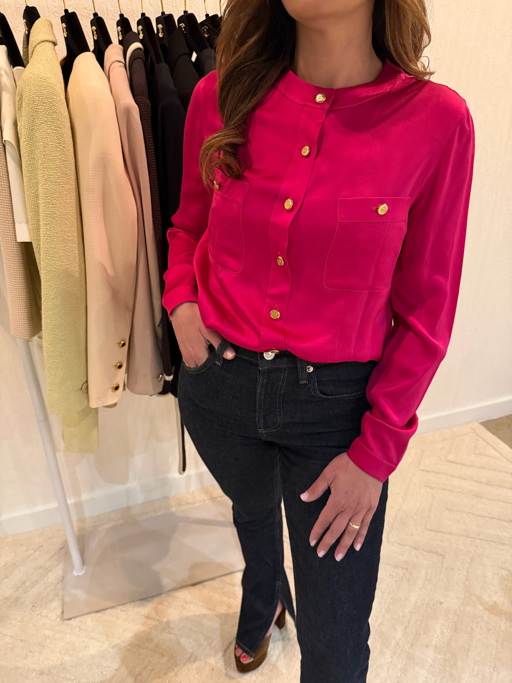 Chanel 1991 Pink Silk Button-Up Blouse Gold CC Logo Buttons FR36