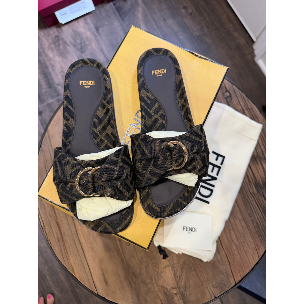 Fendi Feel Knotted Slide Sandals Brown FF Logo Satin Slides Size 37 Brand New in Box