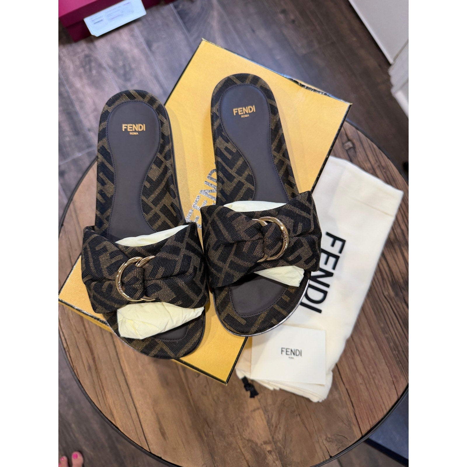 Fendi Feel Knotted Slide Sandals Brown FF Logo Satin Slides Size 37 Brand New in Box