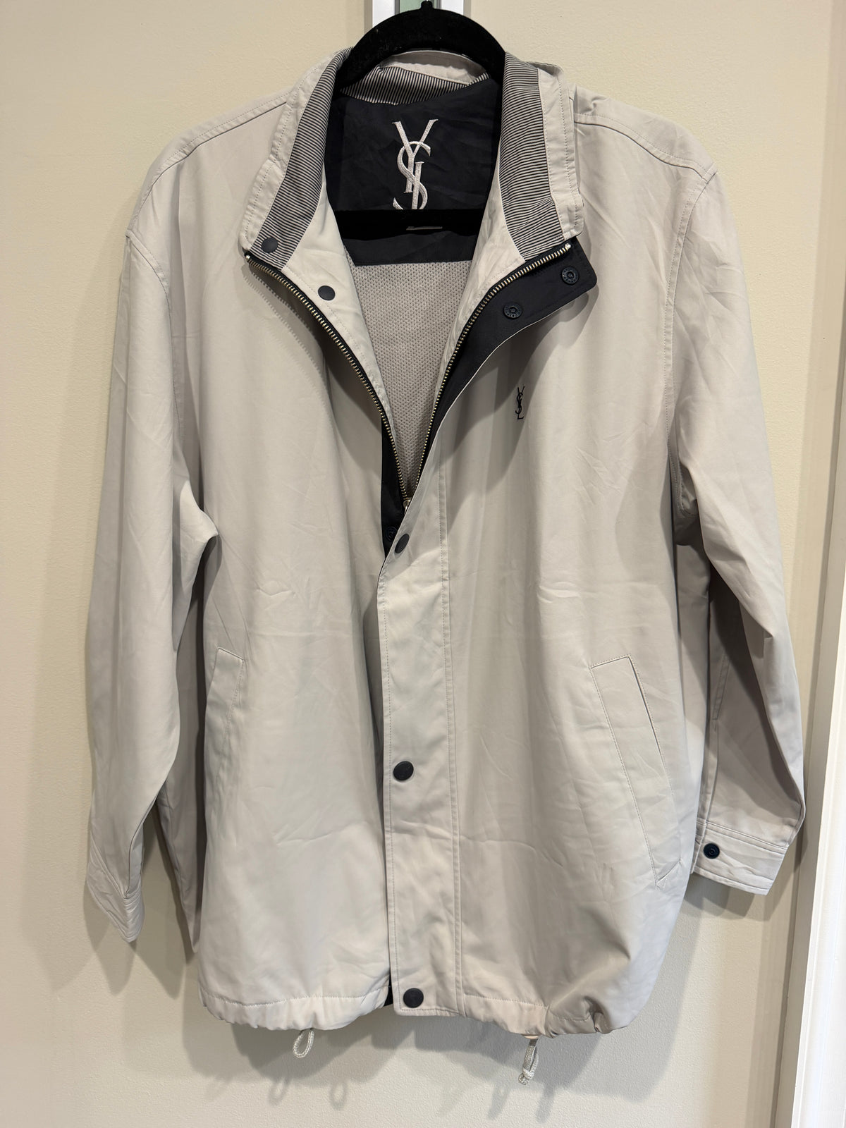 Yves Saint Laurent Vintage YSL Light Grey Windbreaker Bomber Jacket Cinch Hem