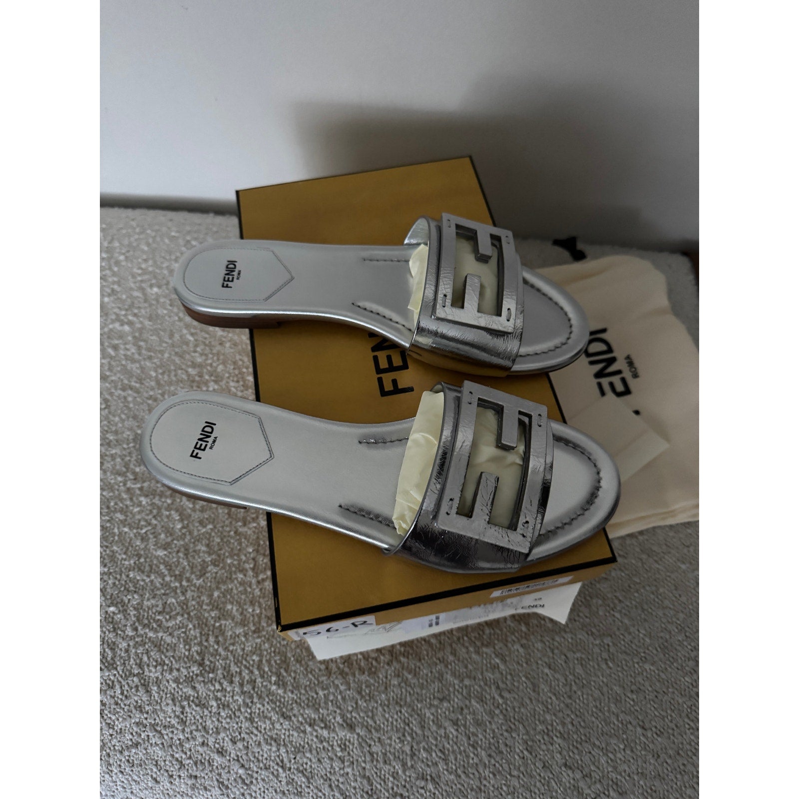 FENDI Silver Baguette nappa leather slides BNIB Size 39