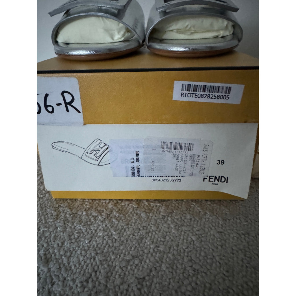 FENDI Silver Baguette nappa leather slides BNIB Size 39