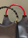 Gucci Bamboo Handle Shoulder Bag Black Leather & Red Bamboo
