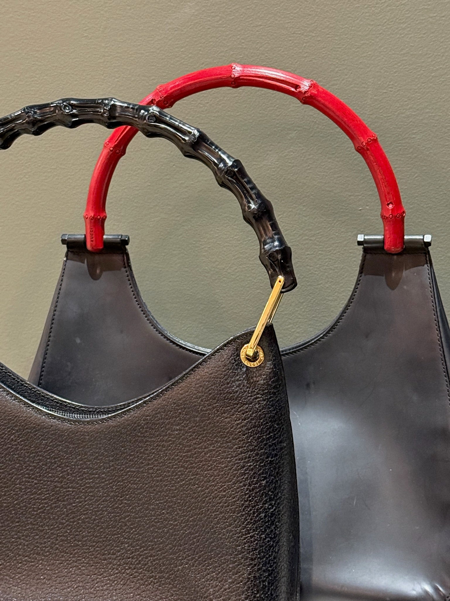 Gucci Bamboo Handle Shoulder Bag Black Leather & Red Bamboo