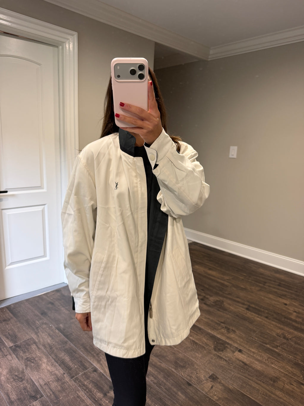 Yves Saint Laurent Vintage YSL Reversible White Black Windbreaker Bomber Jacket Size 95