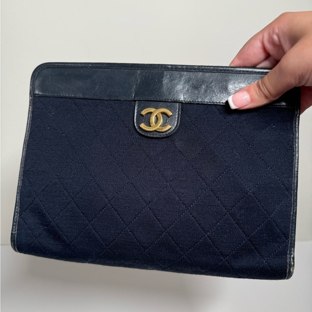 Vintage Chanel CC Jersey Frame Clutch CC Logo Gold Hardware