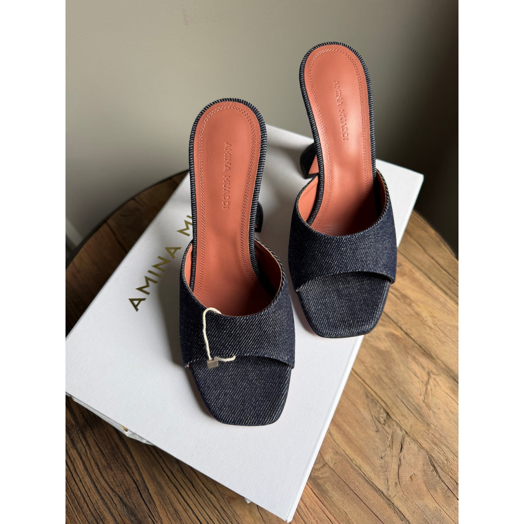 Amina Muaddi Lupita Denim Mule Sandals Dark Blue 95mm Heel Size 37 BNIB